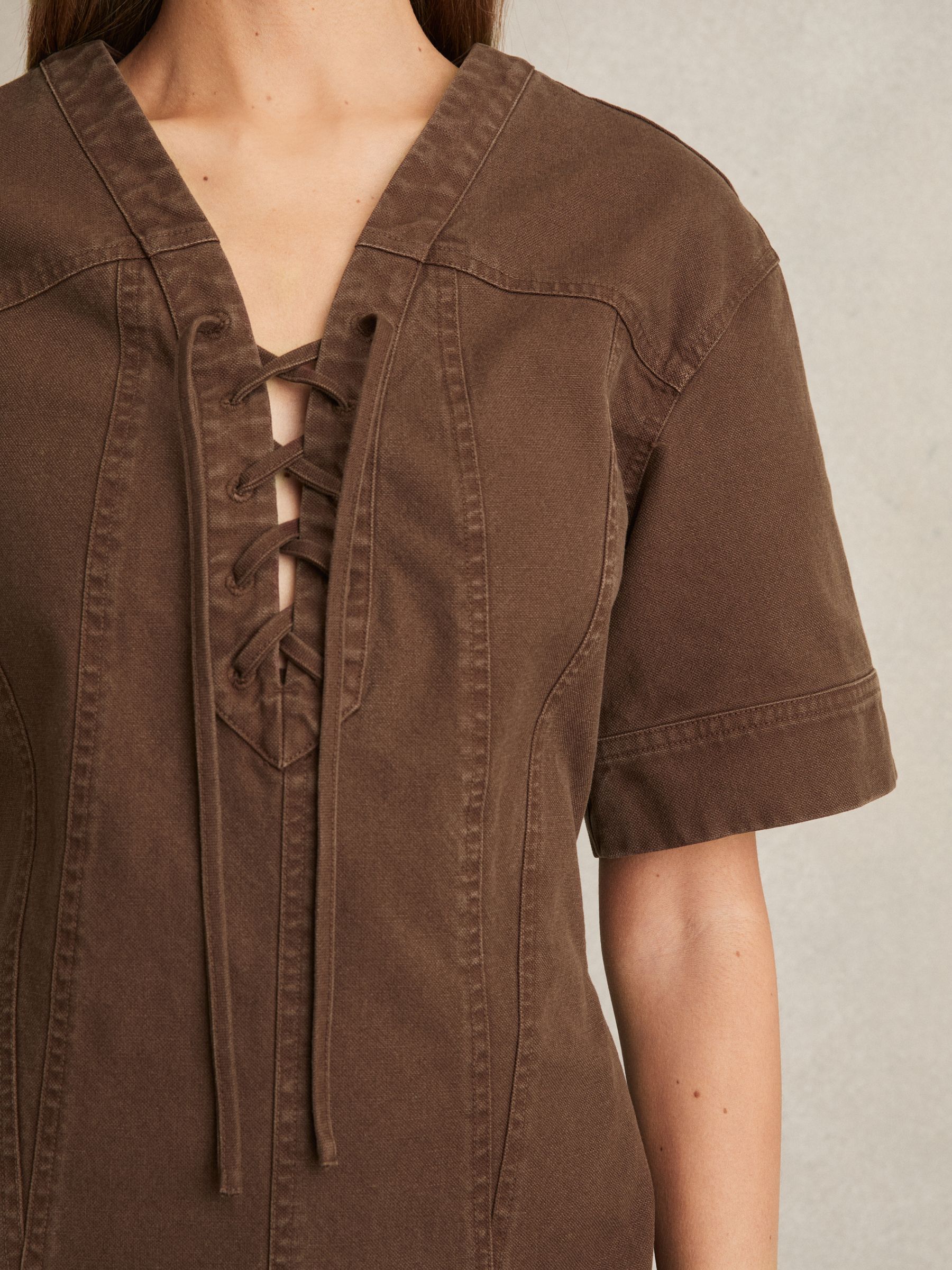 Lace Up Denim Shirt Dress in Chocolate