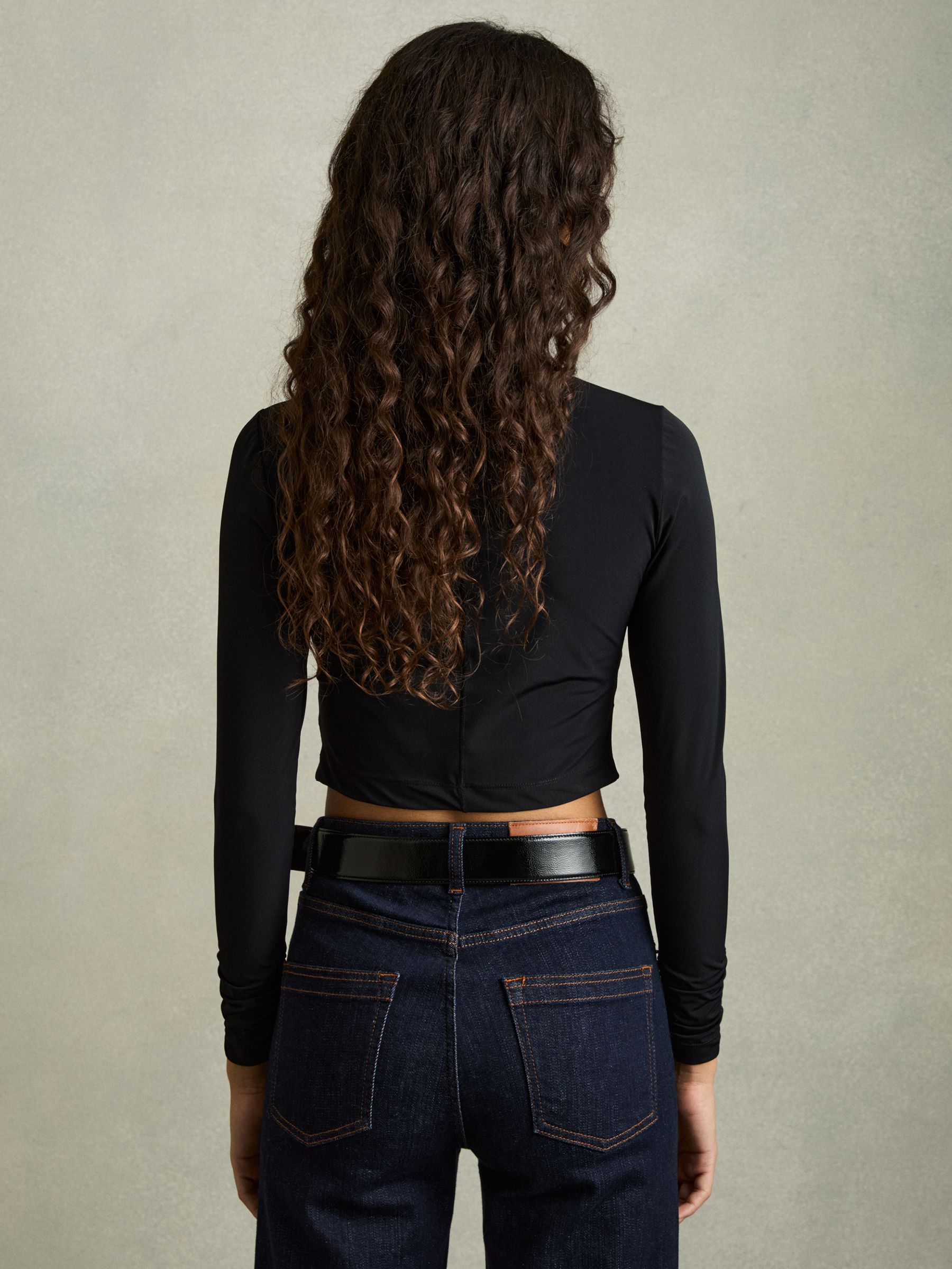 Jersey-Stretch Ruched Cropped Top in Black