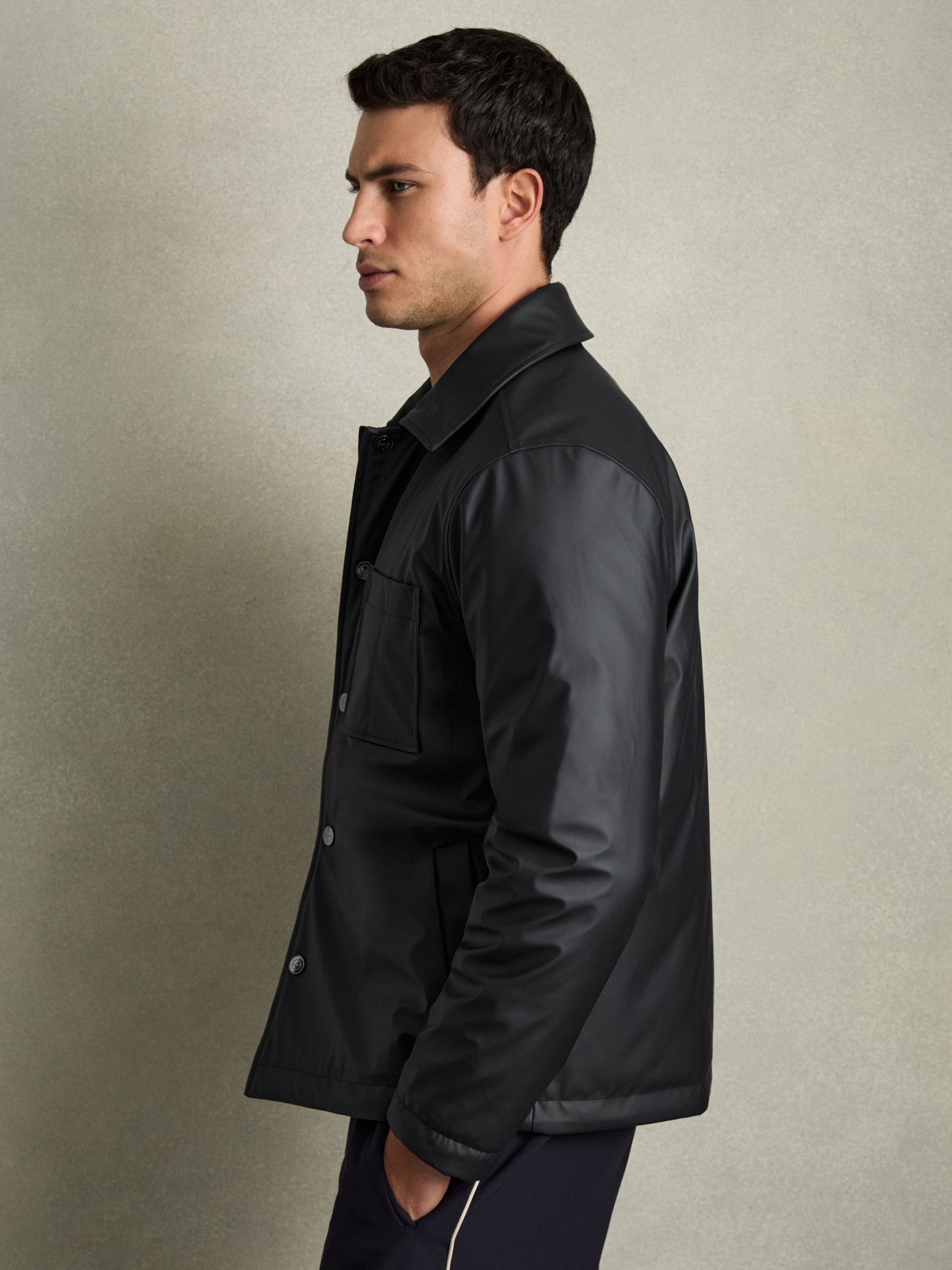 Padded Technical Press-Stud Overshirt in Navy