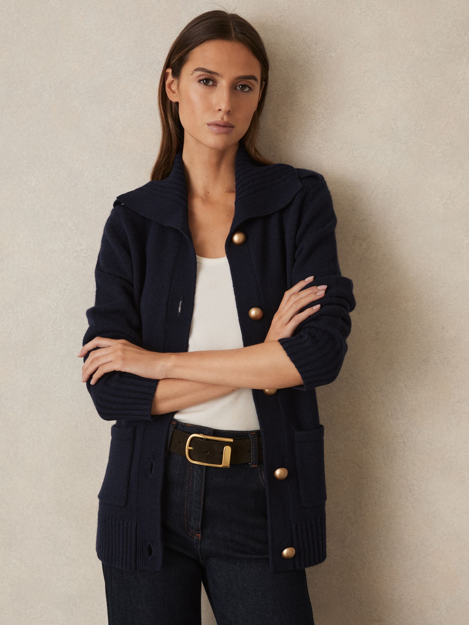 Wool-Cashmere Spread Collar Cardigan in Navy