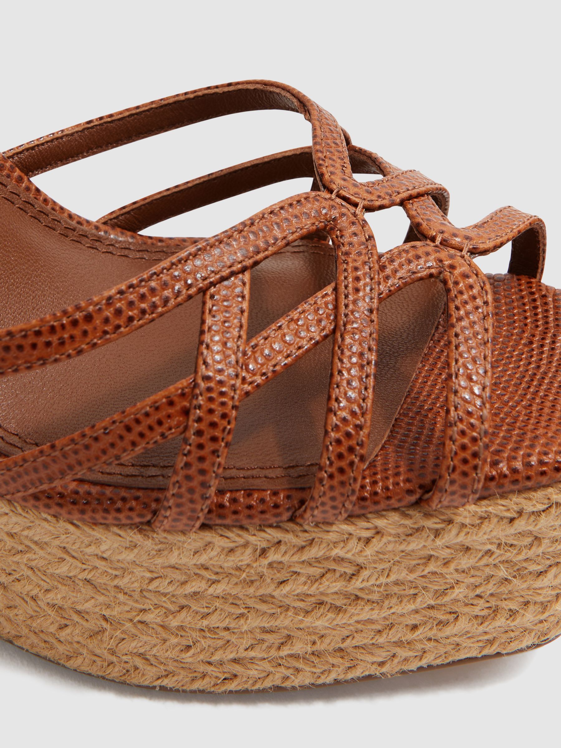 Leather Raffia Platform Wedge Heels in Tan