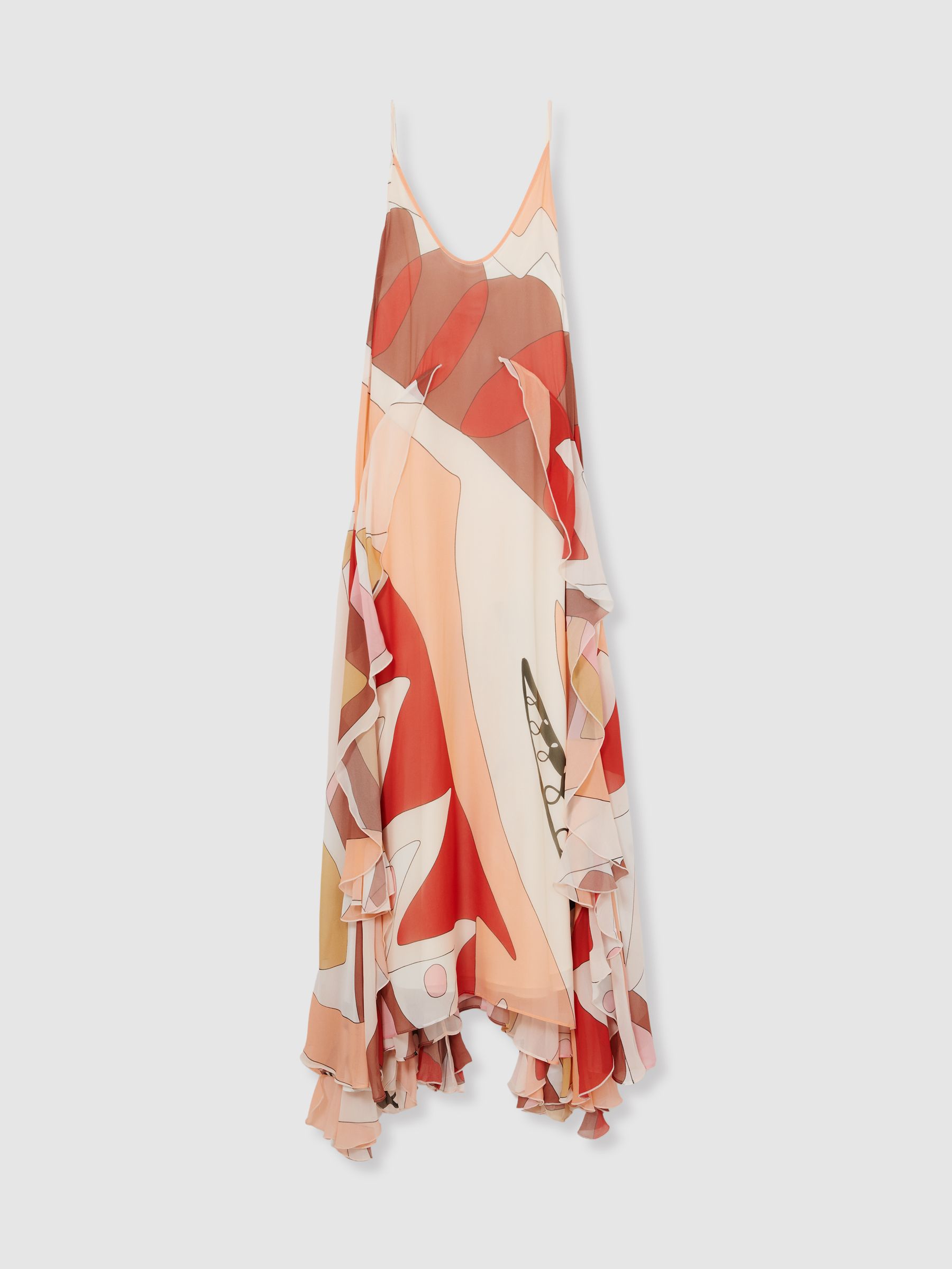 Petite Printed Ruffle Trim Maxi Dress in Cream/Red