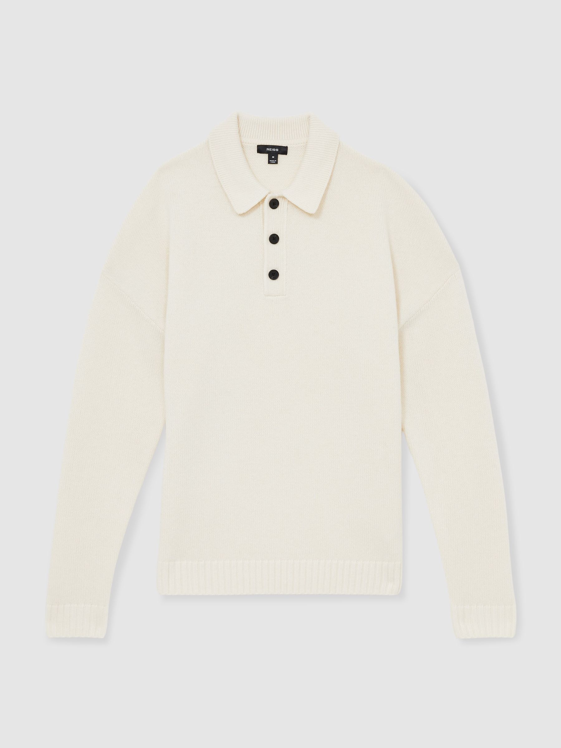Wool Blend Long Sleeve Polo Shirt in Off White