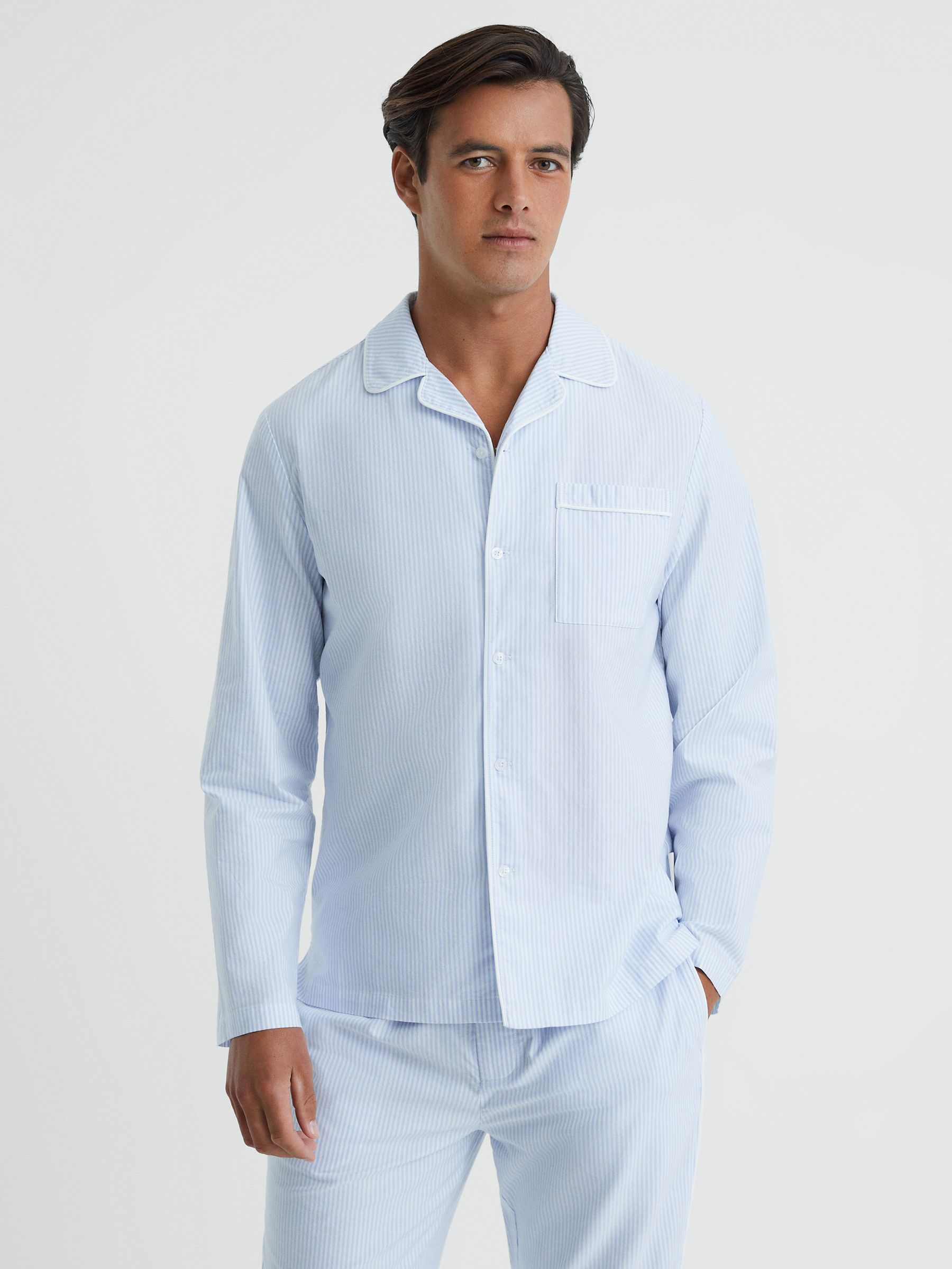 Striped Cotton Button-Through Pyjama Shirt in Blue/White