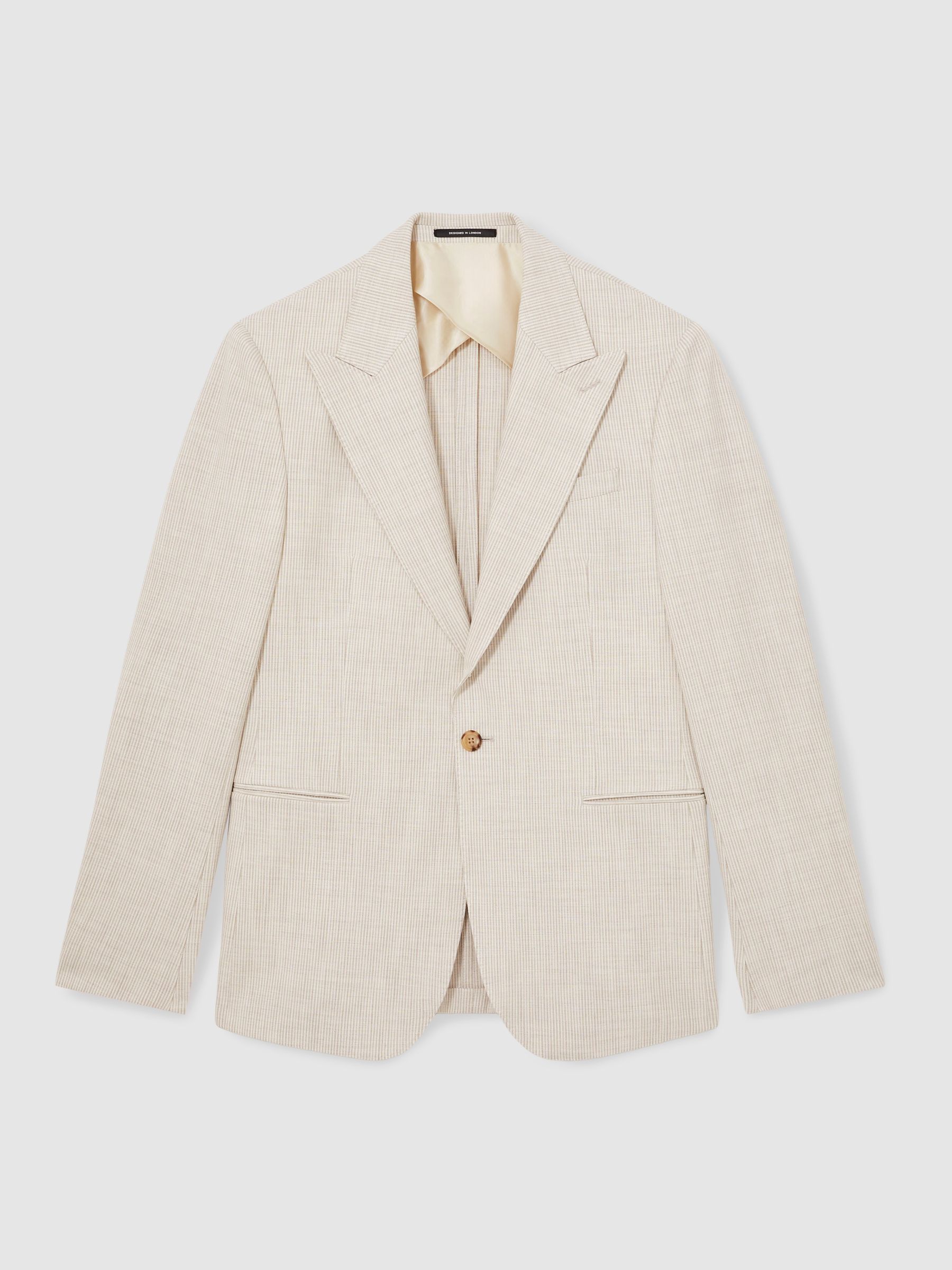 Slim Fit Single Breasted Pinstripe Suit Blazer in Oatmeal/White