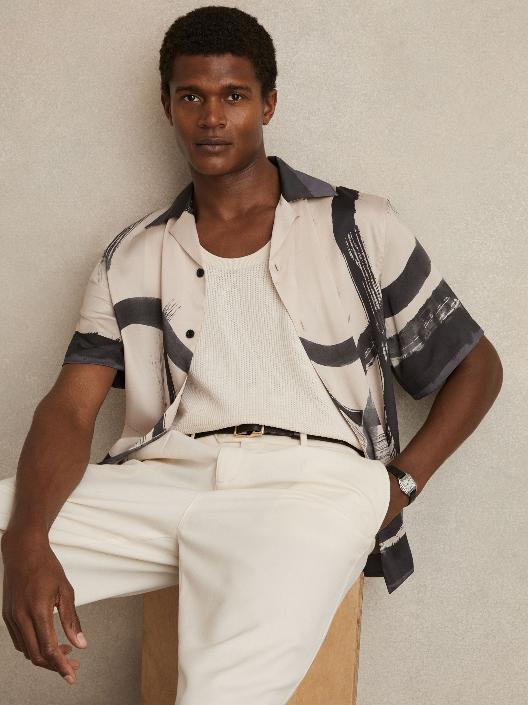 Brushstroke-Print Cuban-Collar Shirt in Charcoal Grey/Off White