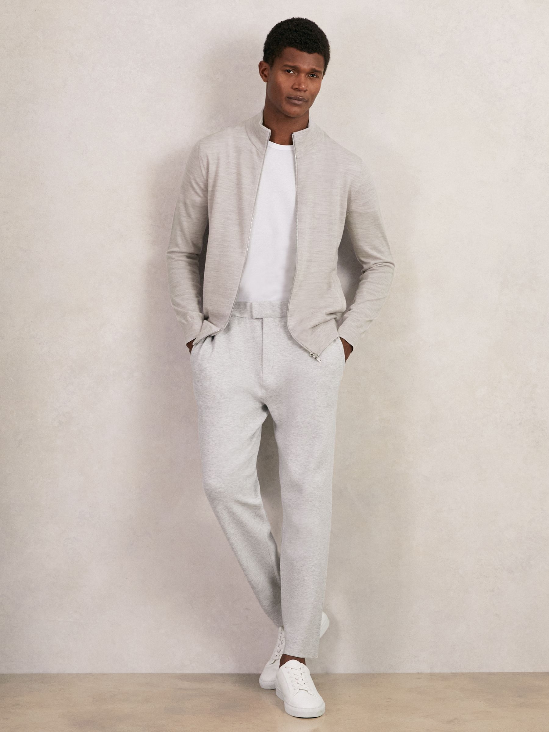 Merino Wool Zip Through Cardigan in Wicker Brown Melange