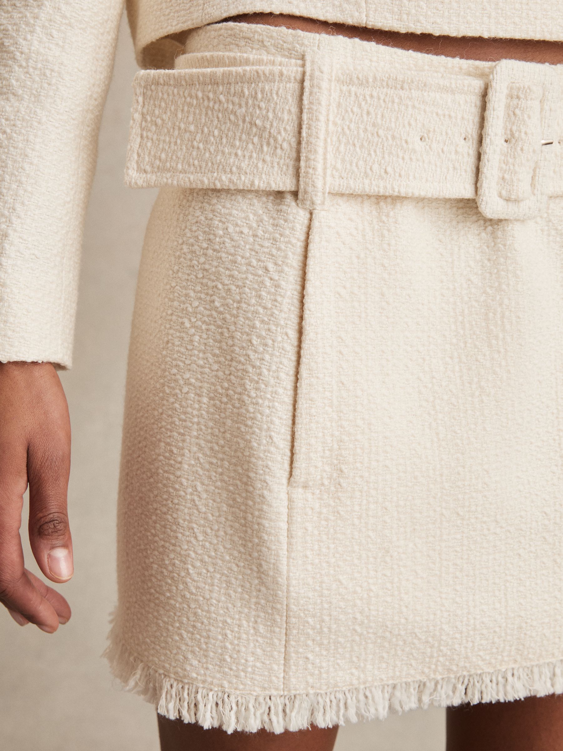 Bouclé Belted Mini Skirt With Wool and Cotton in White