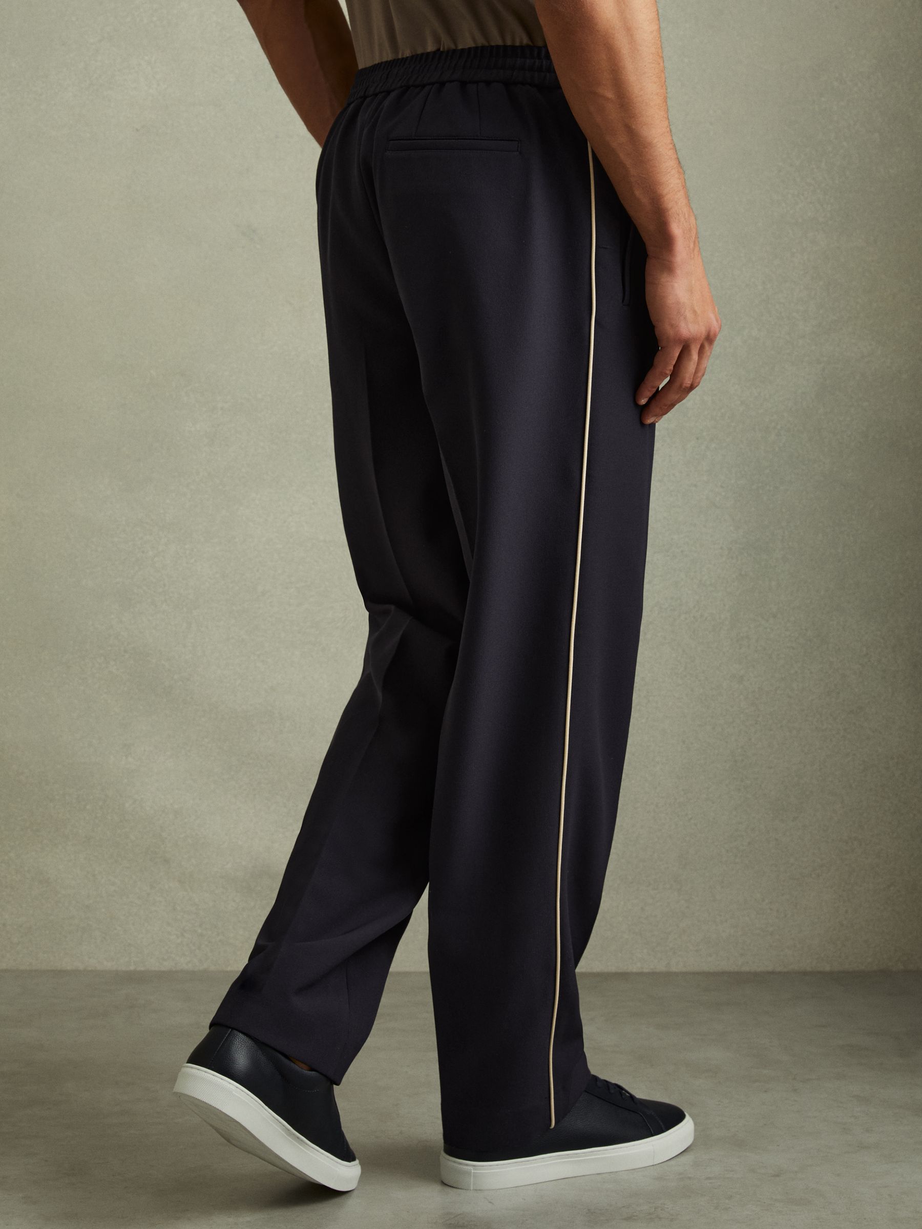 Relaxed Contrast Pipe Detail Trousers in Navy/Ivory Stripe