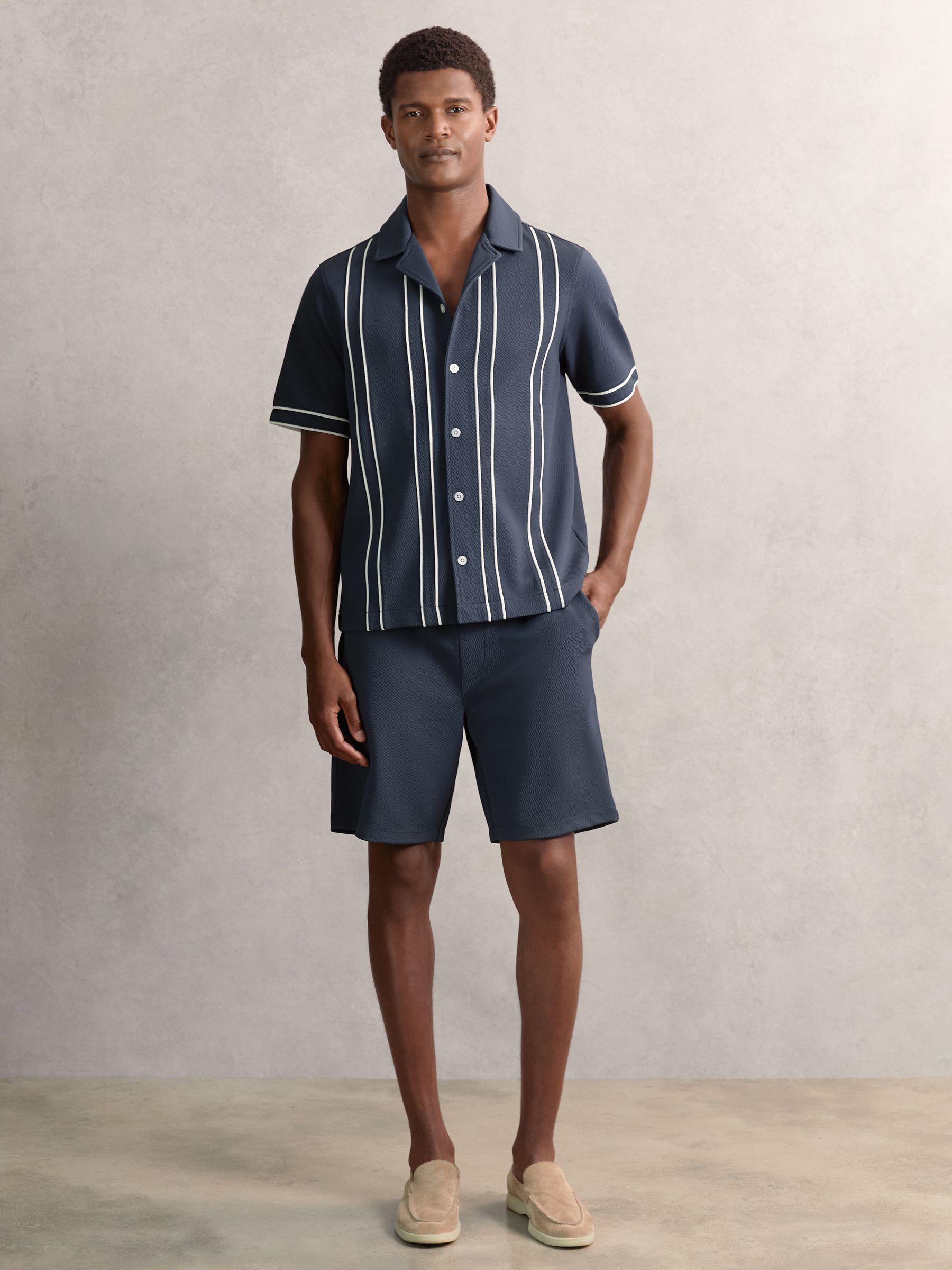 Piped-Stripe Cuban-Collar Shirt in Airforce Blue