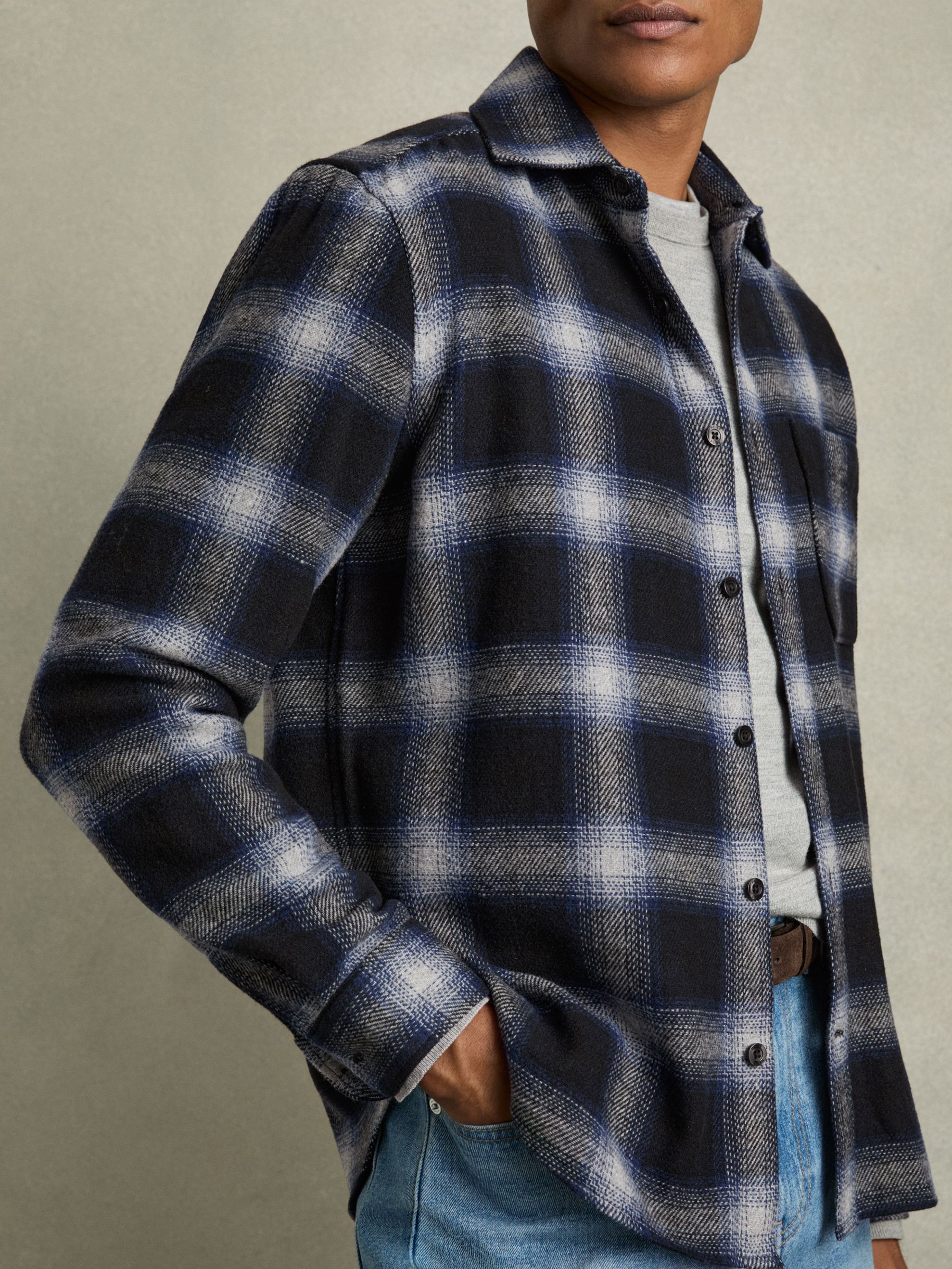 Check Patch Pocket Overshirt With Wool in Navy Multi