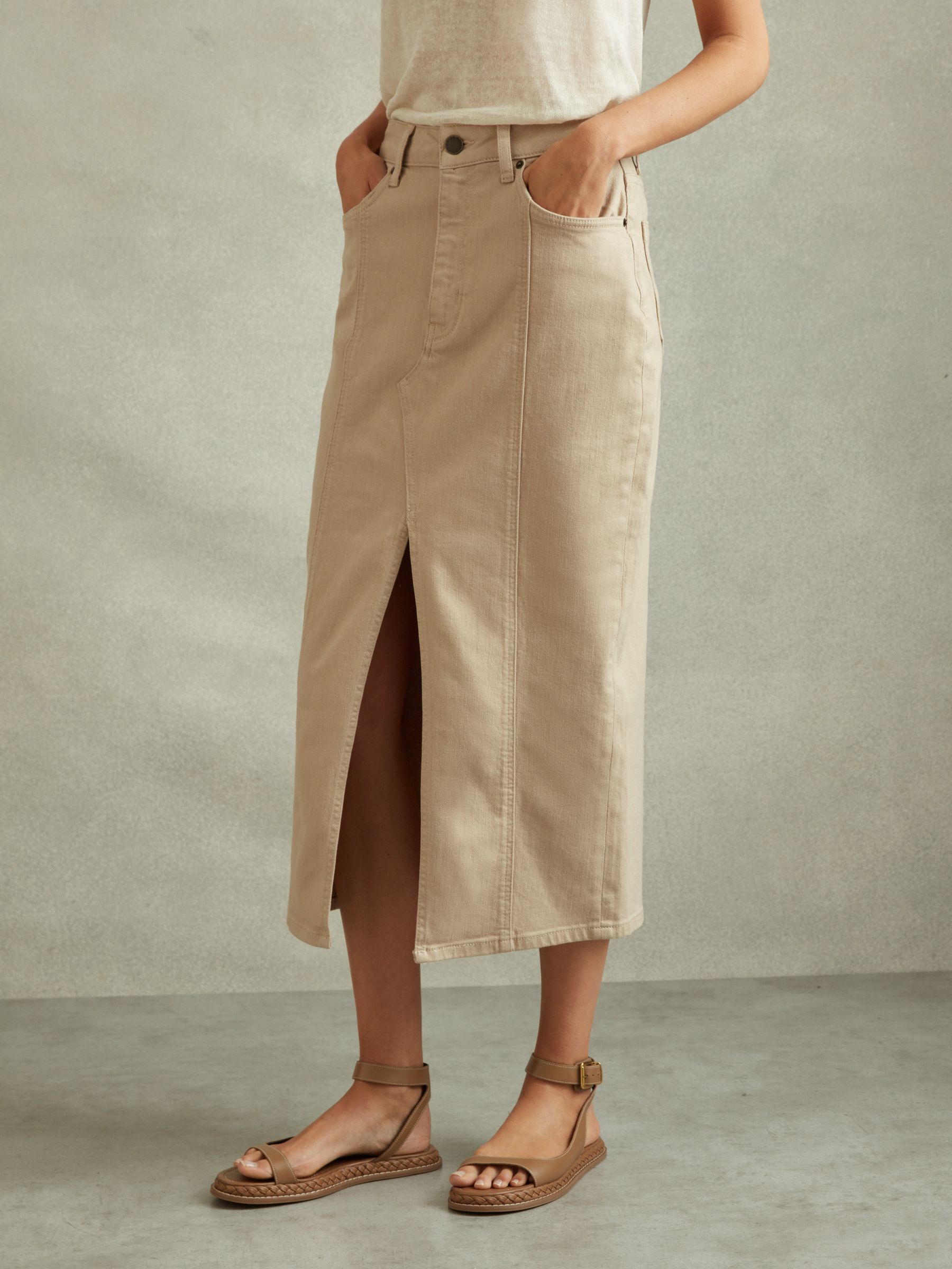 High Rise Denim Midi Skirt in Stone