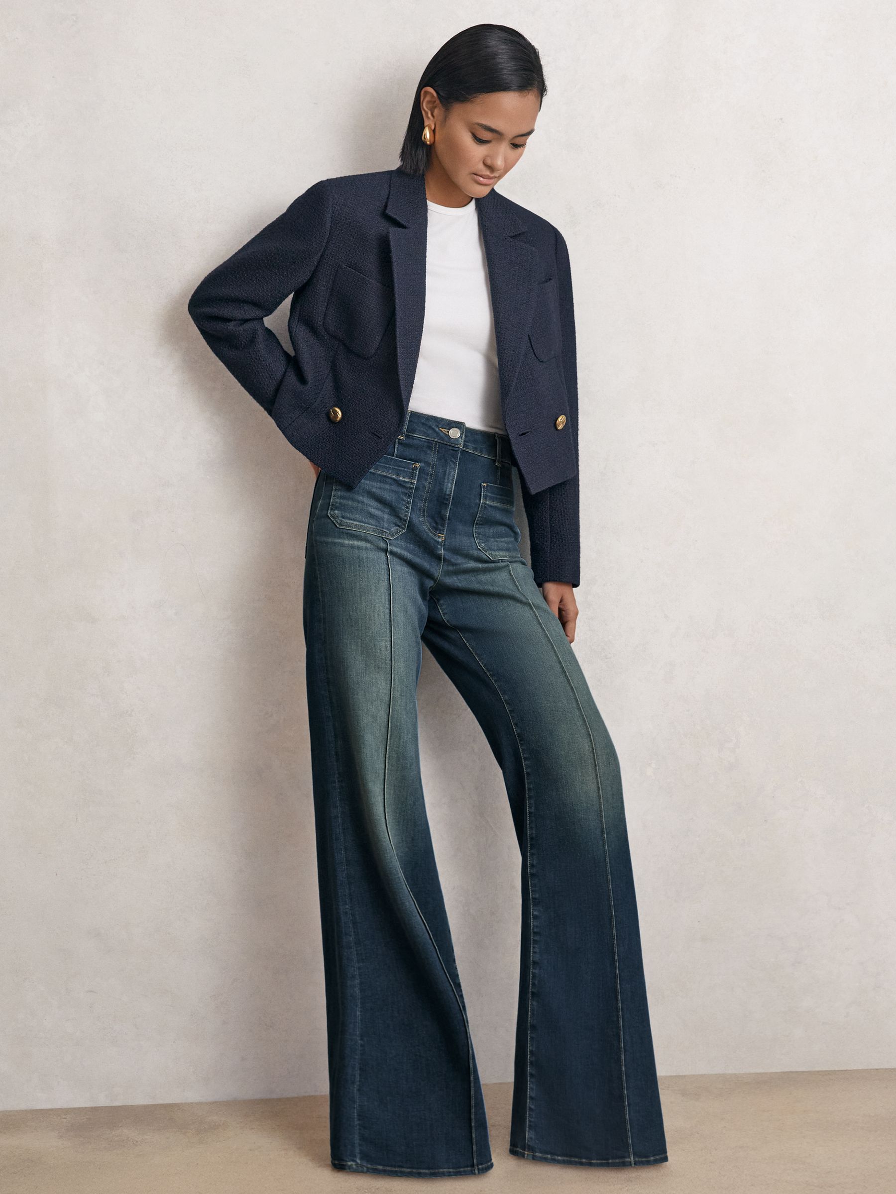 Patch-Pocket Flared Jeans in Mid Blue
