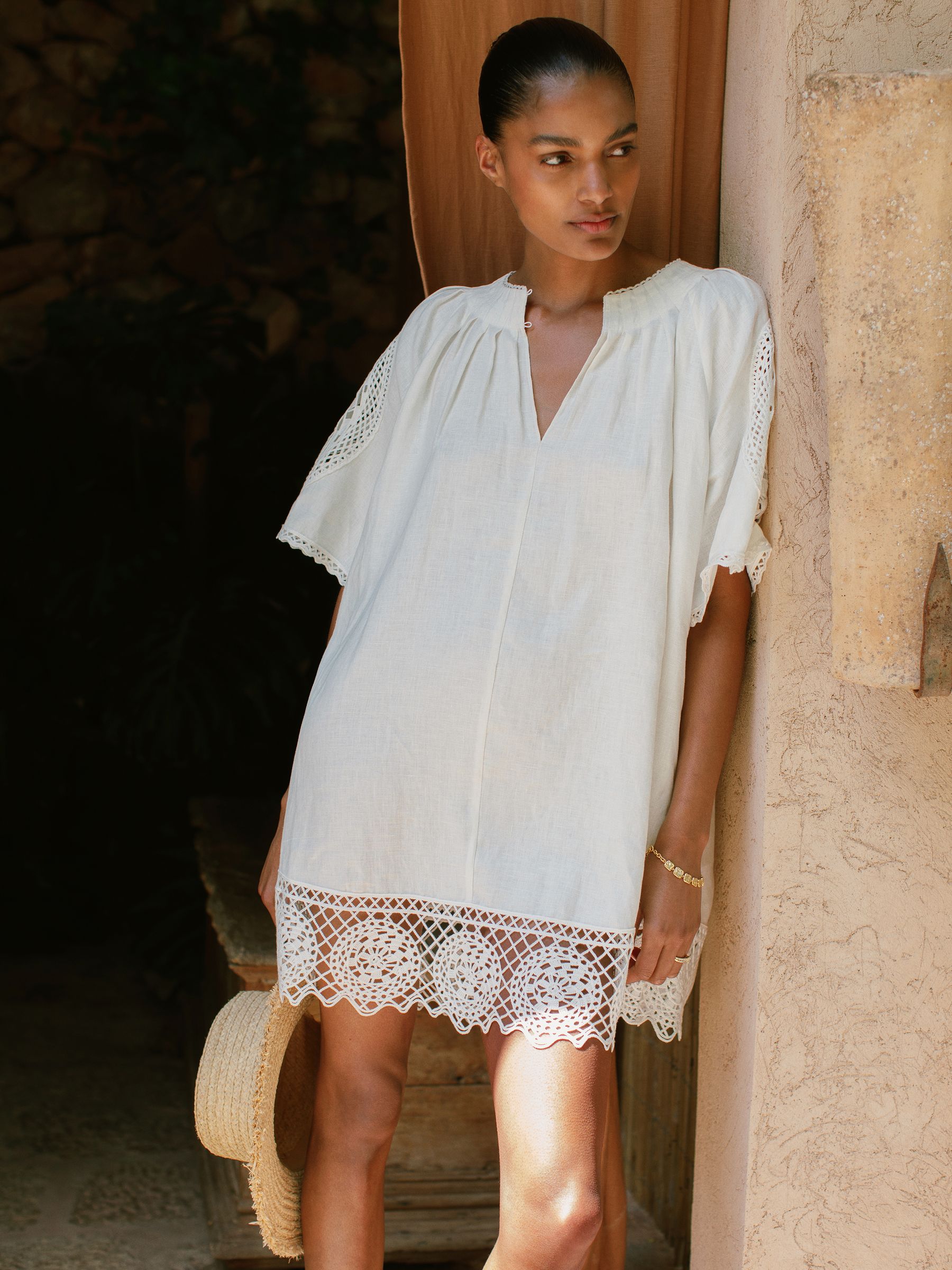 Linen Embroidered Shift Dress in Ivory