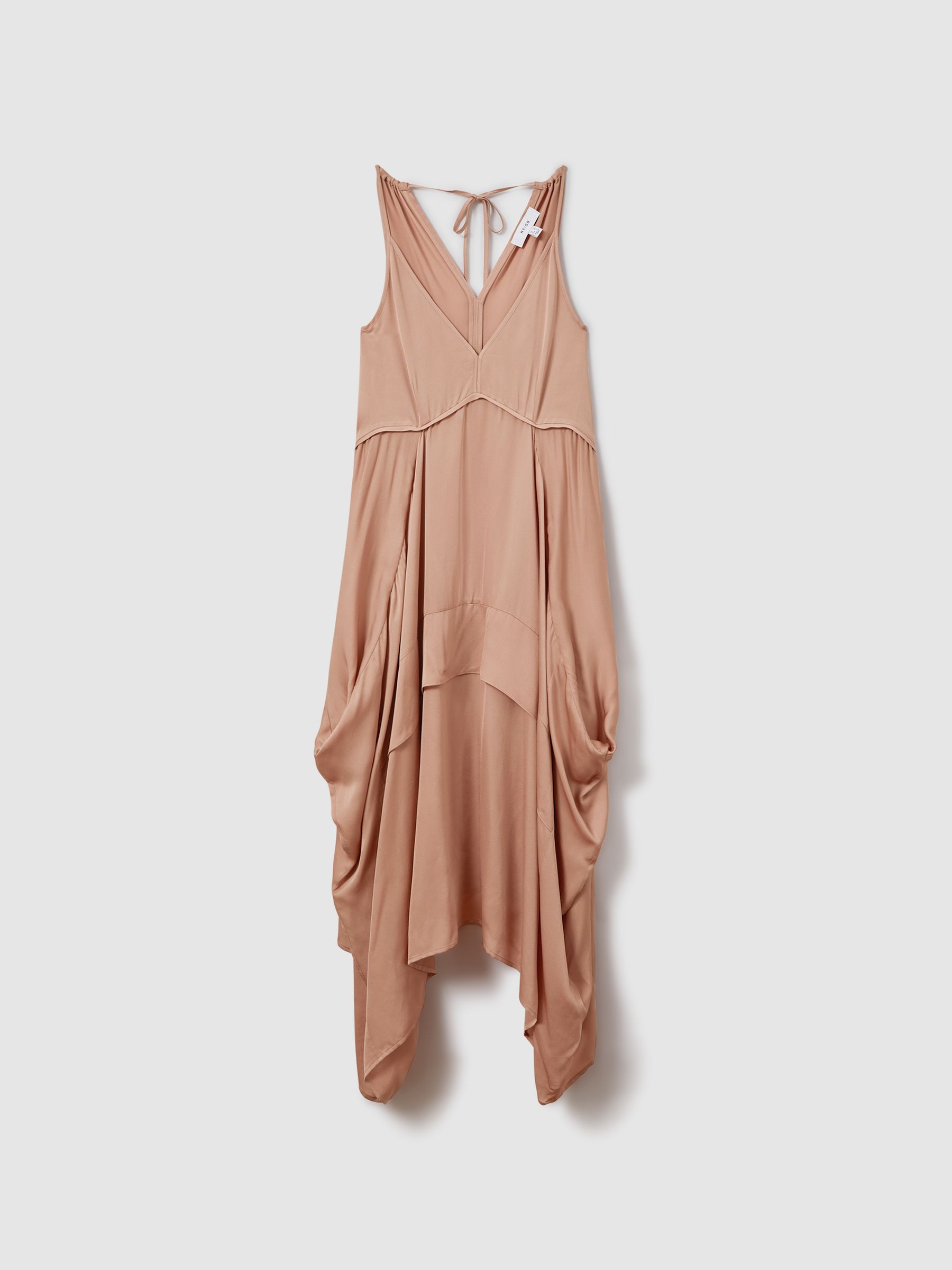 Viscose Side Pleat Asymmetric Midi Dress in Nude