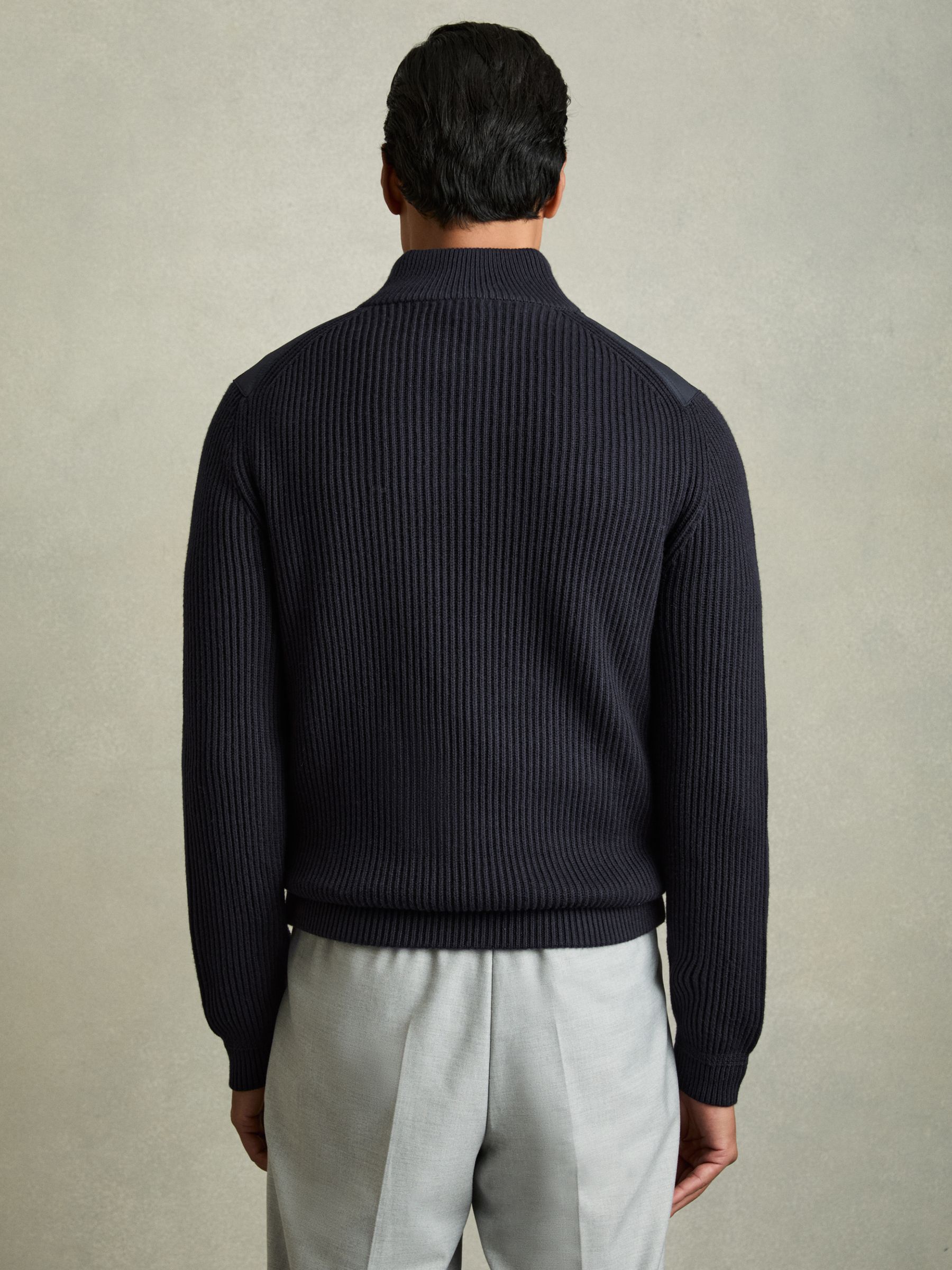 Hybrid Quilt and Knit Zip-Through Jacket in Navy