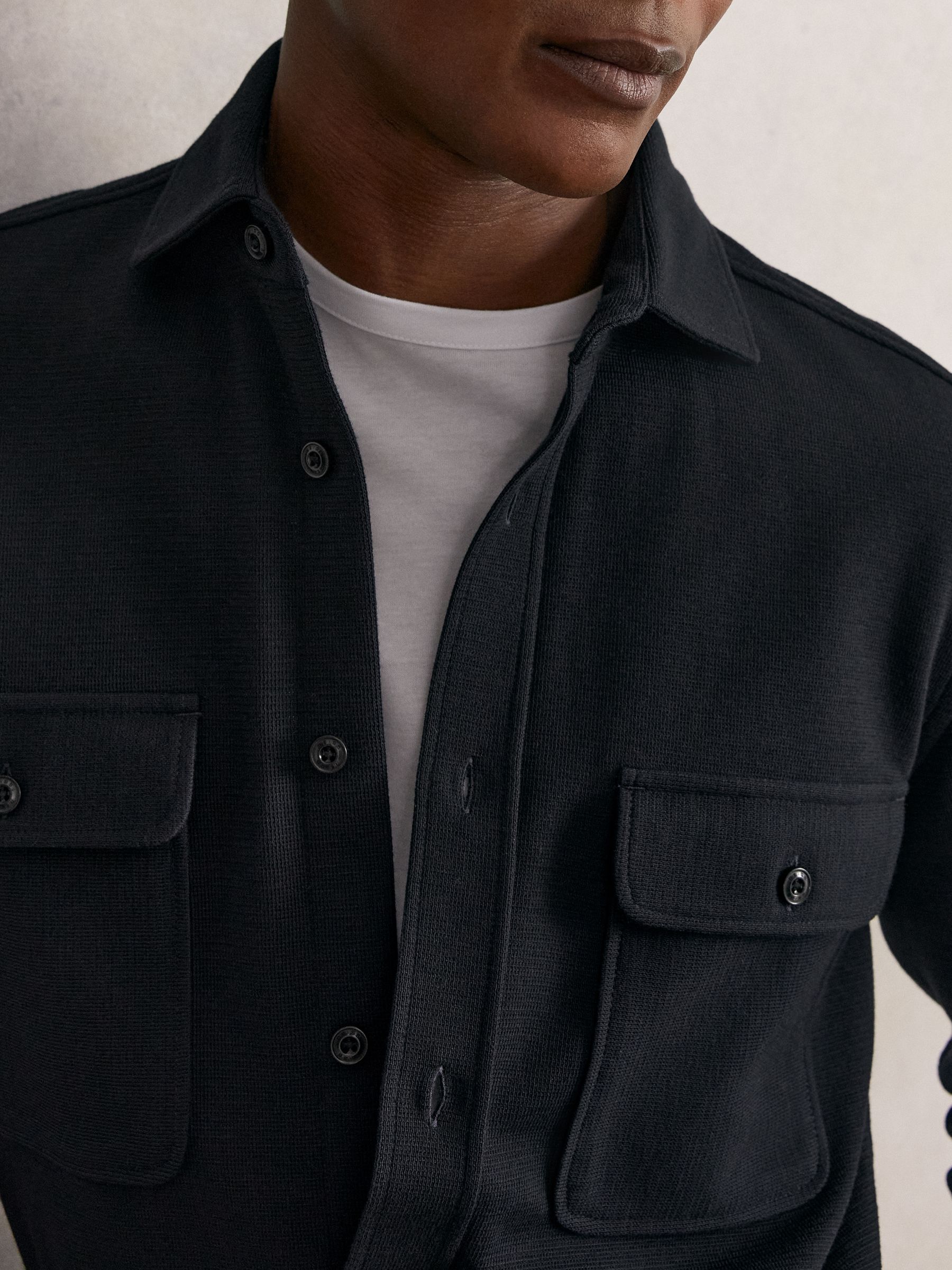 Textured Twin Pocket Cotton Blend Overshirt in Navy