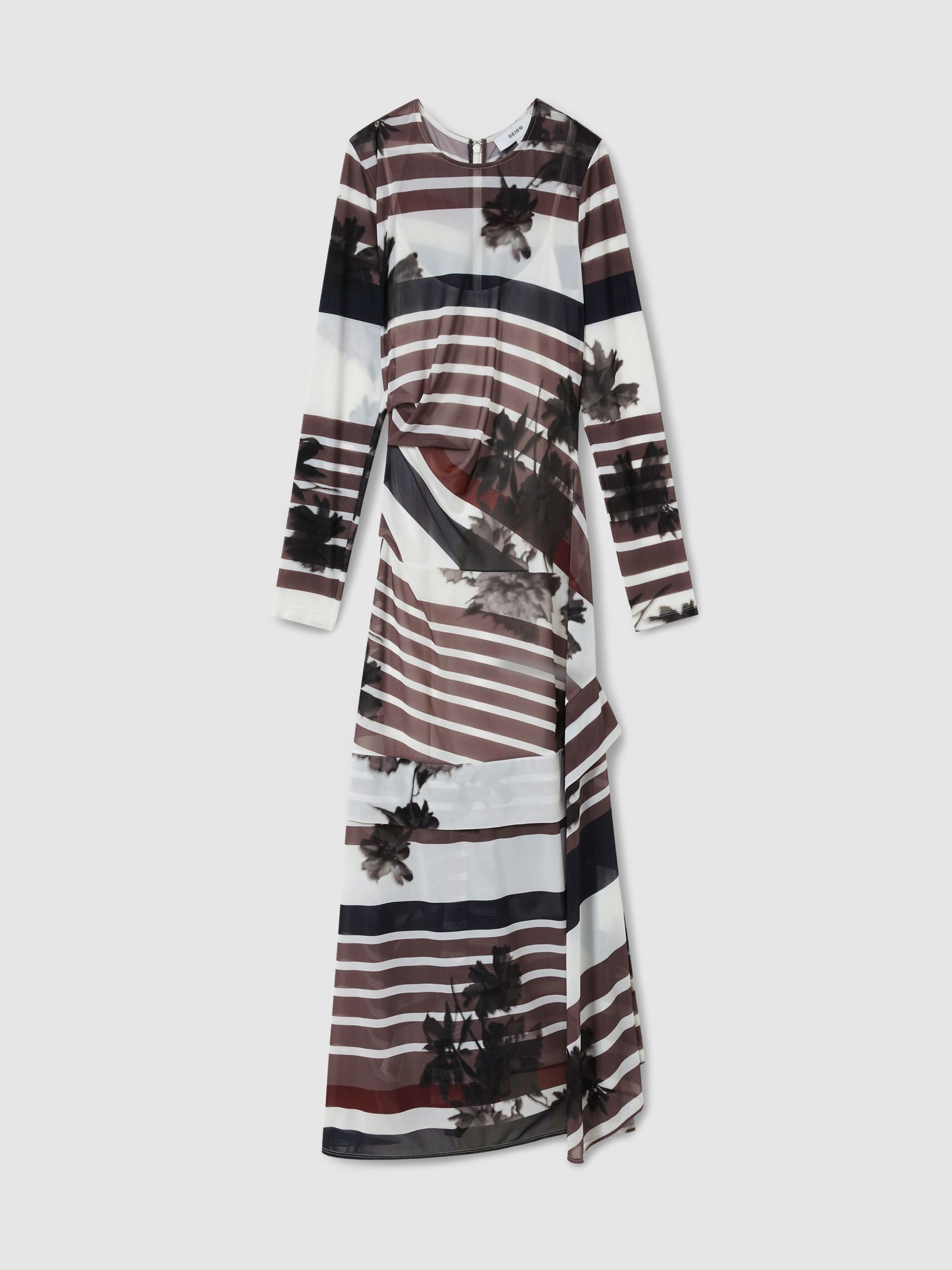 Stretch-Mesh Stripe-Print Ruched Dress in Burgundy/Black