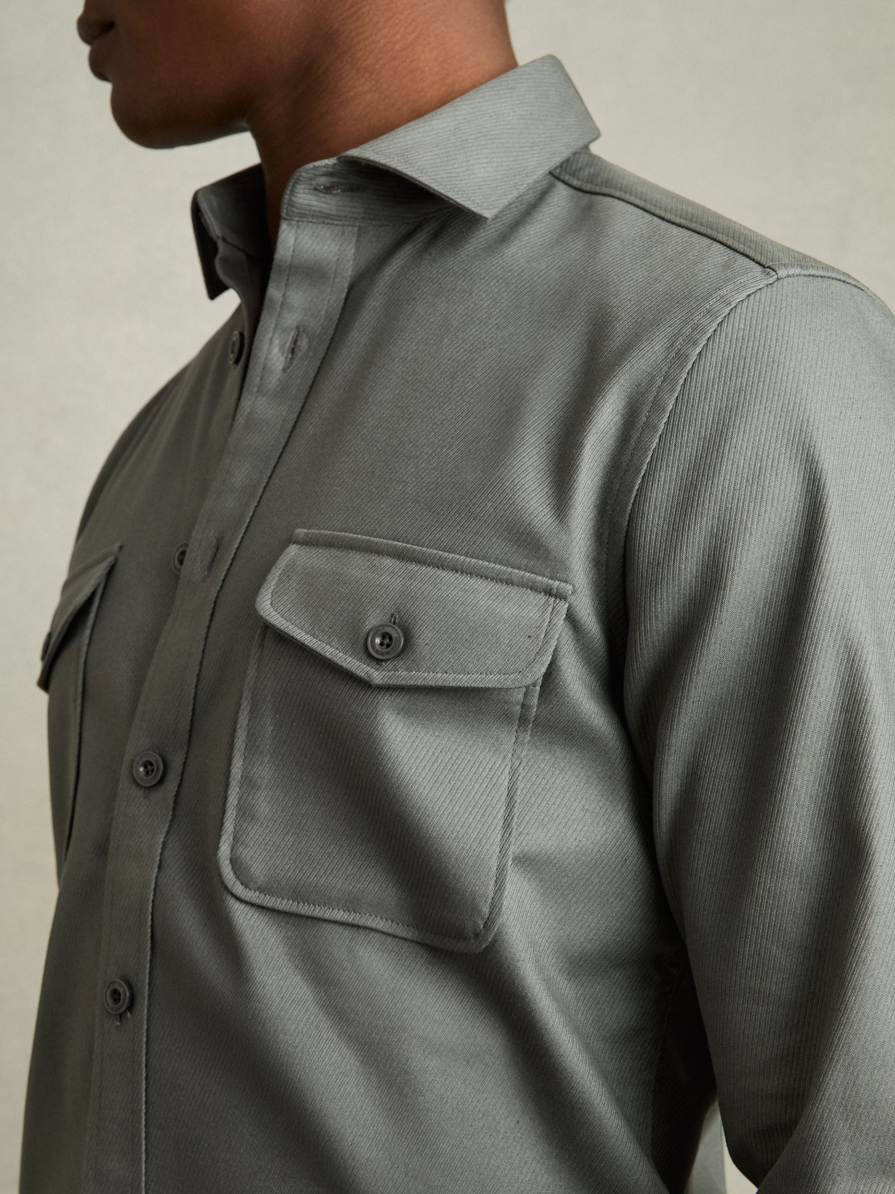 Stretch-Cotton Twill Twin-Pocket Overshirt in Sage