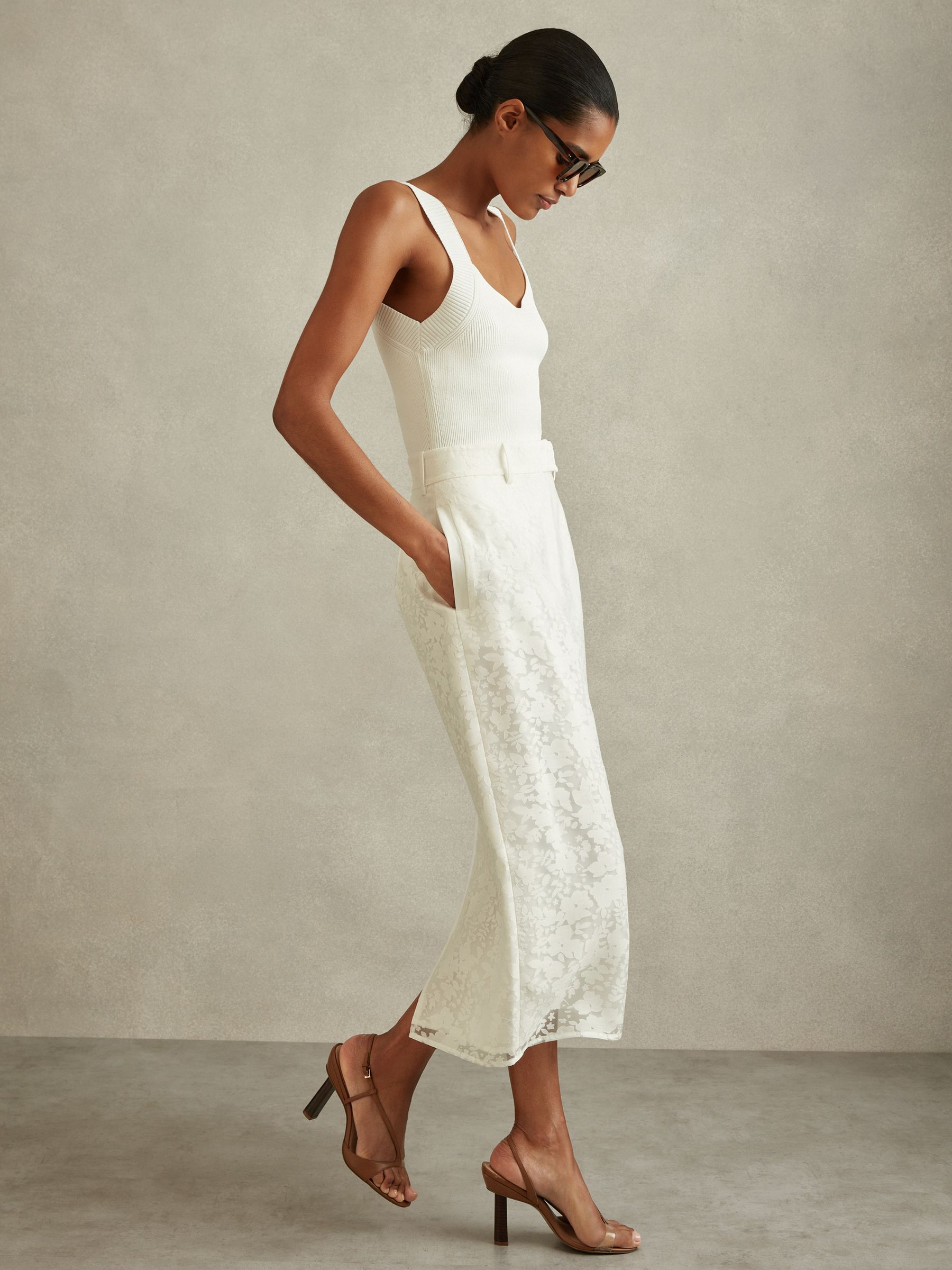 Burnout Floral Midi Skirt in Ivory