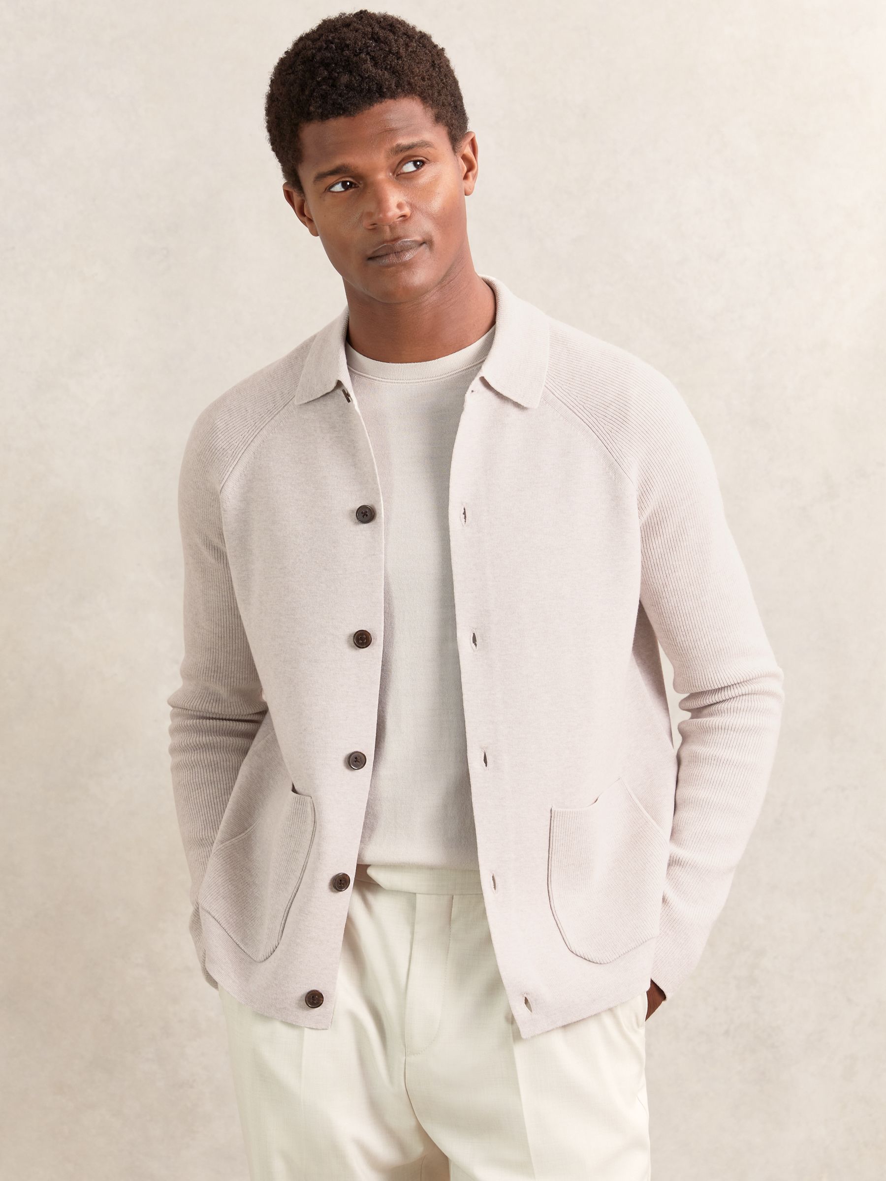 Button-Through Ribbed-Sleeve Shirt in Oatmeal Brown