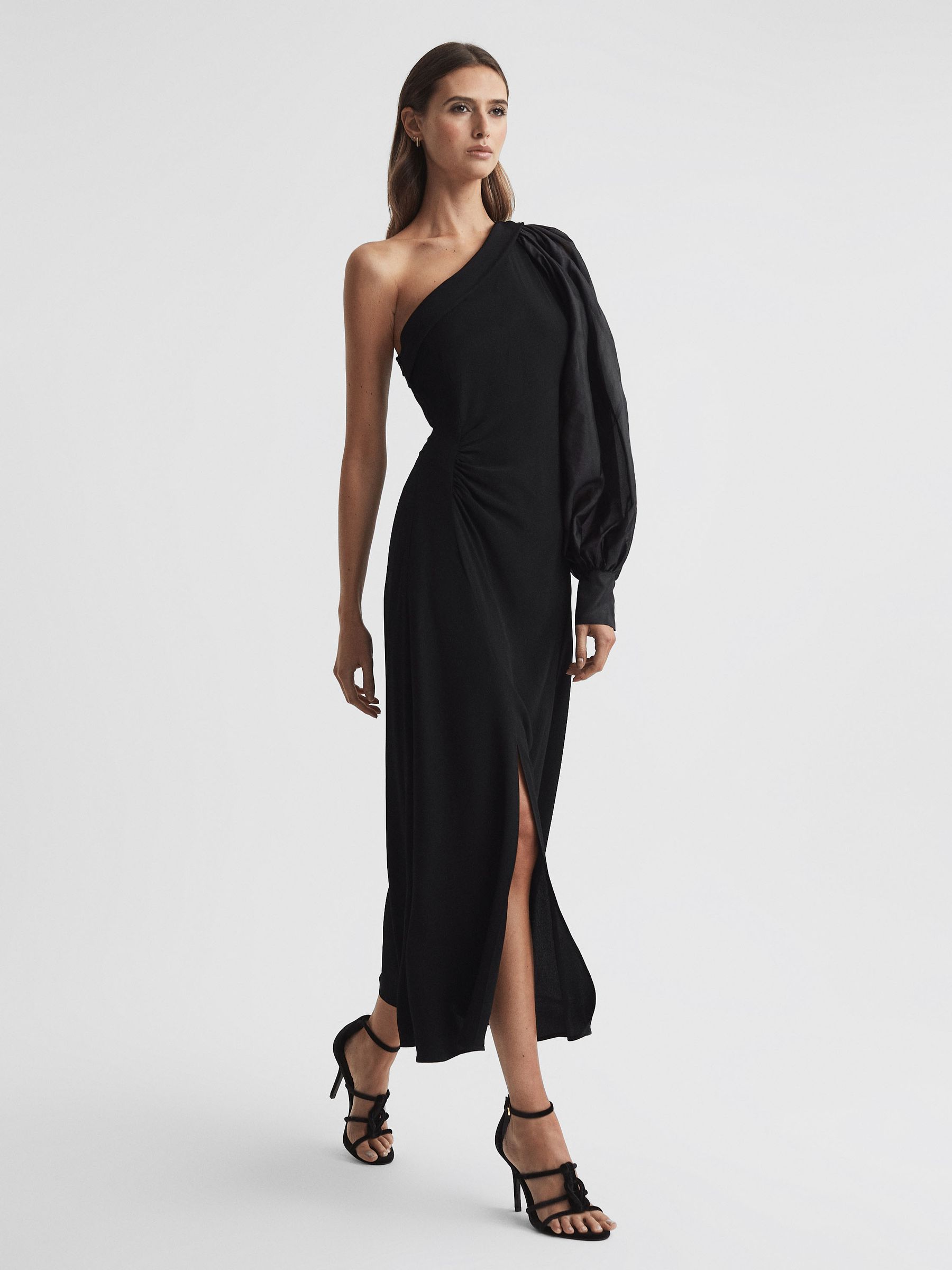 One-Shoulder Blouson Sleeve Midi Dress in Black