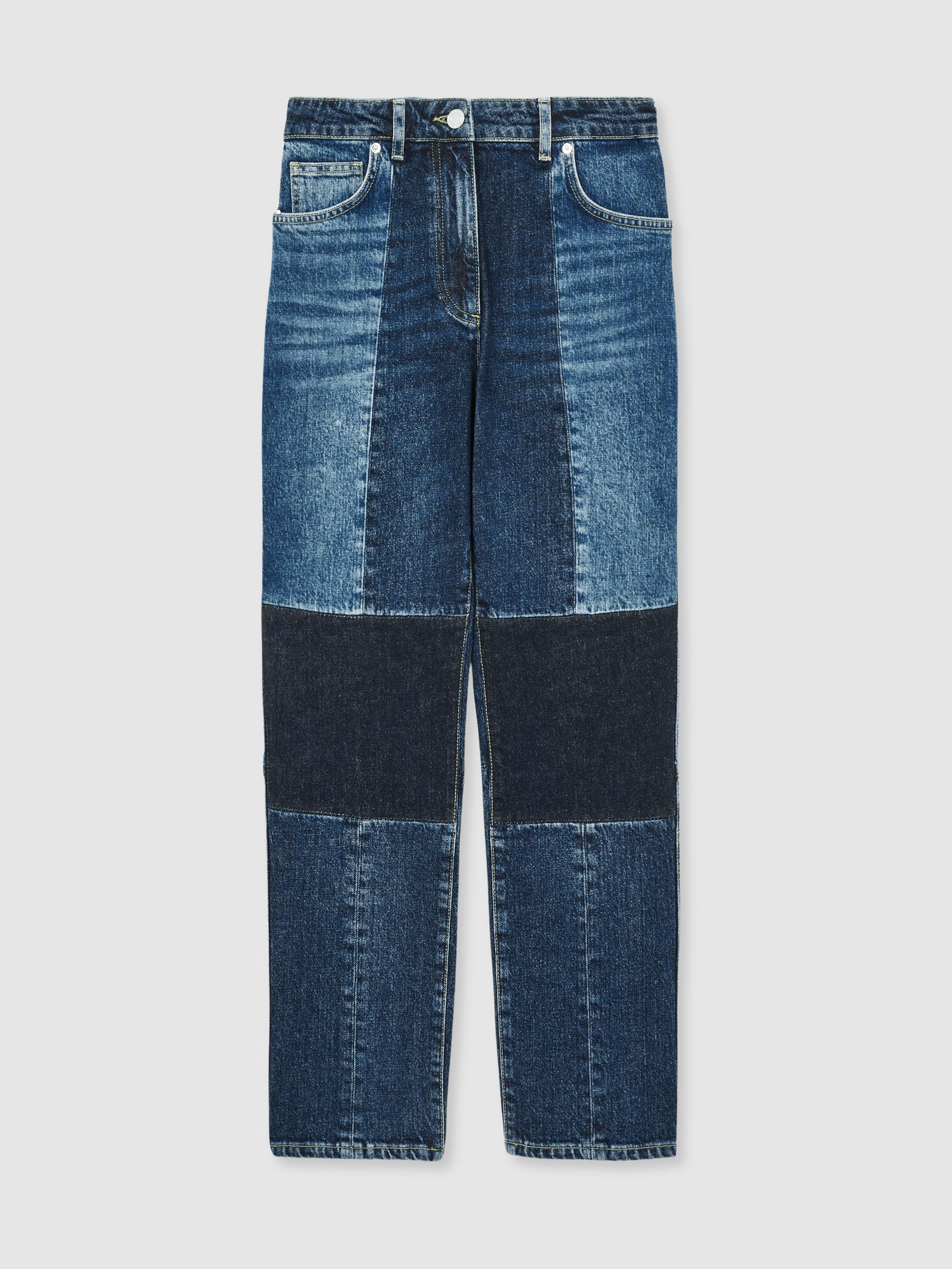 Petite Straight-Leg Patchwork Jeans in Mid Blue