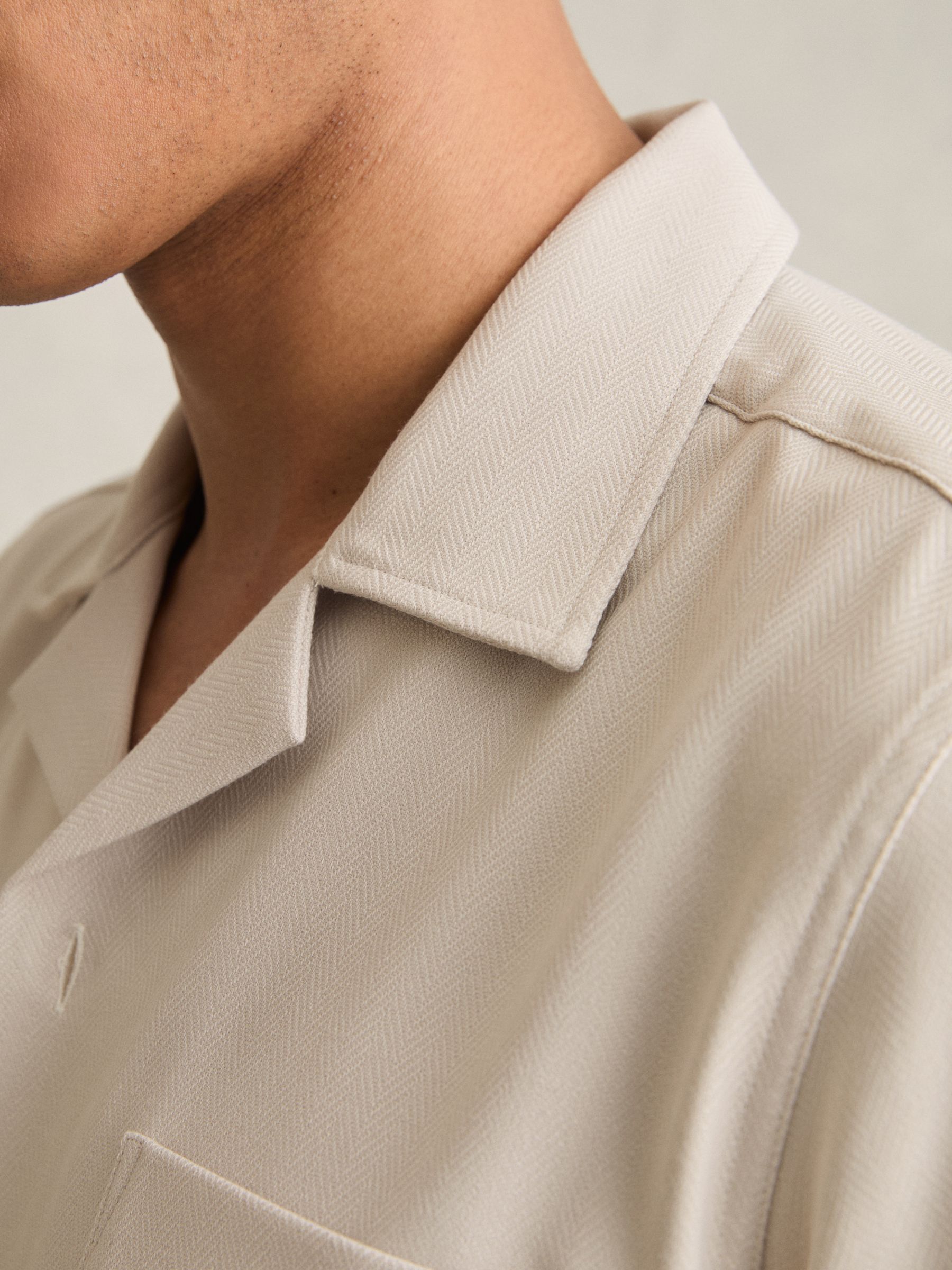 Herringbone Twill Cuban Collar Short Sleeve Shirt in Stone