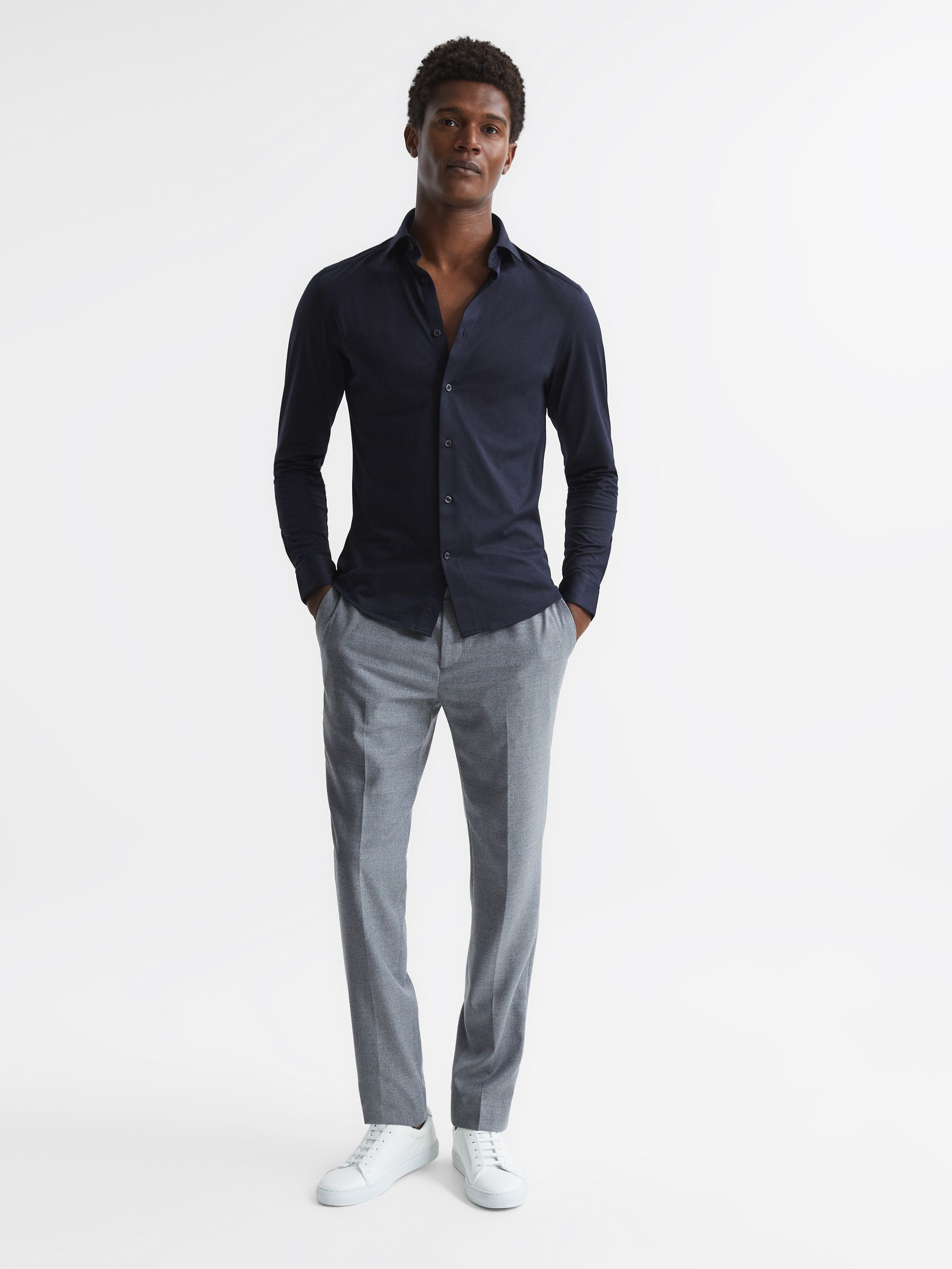 Cotton-Blend Jersey Cutaway-Collar Shirt in Navy