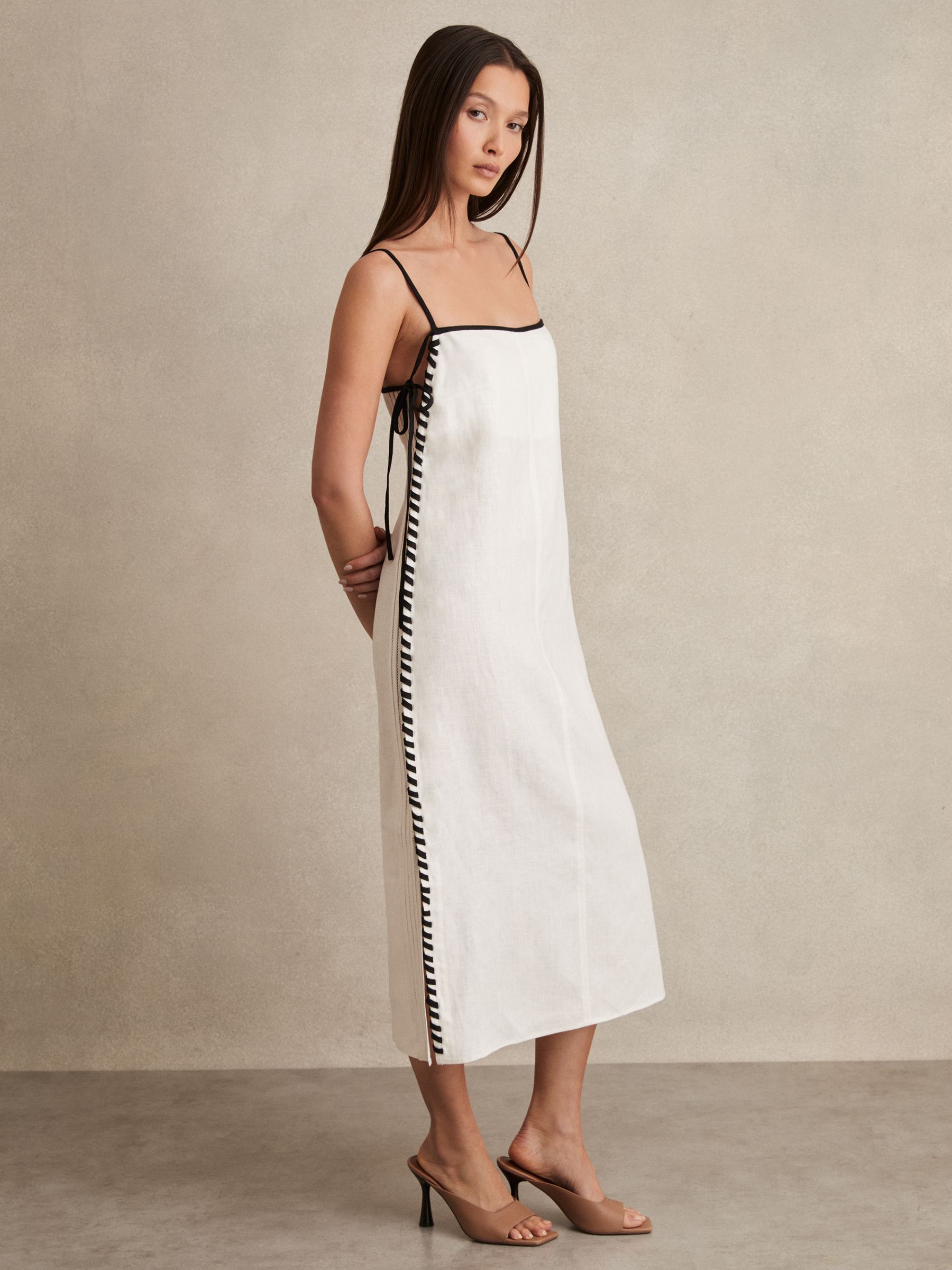 Linen Whipstitch Tie-Strap Midi Dress in Ivory