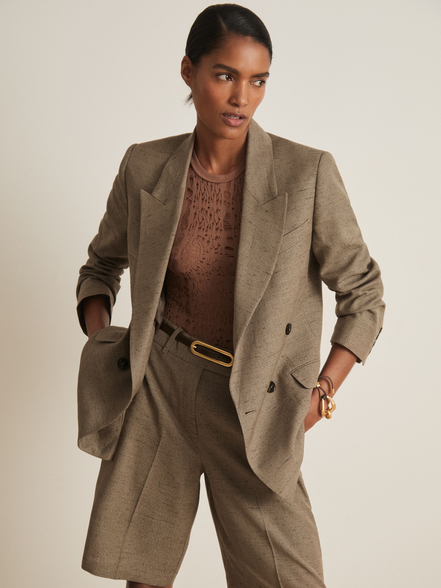 Atelier Double-Breasted Suit Jacket With Linen in Grey