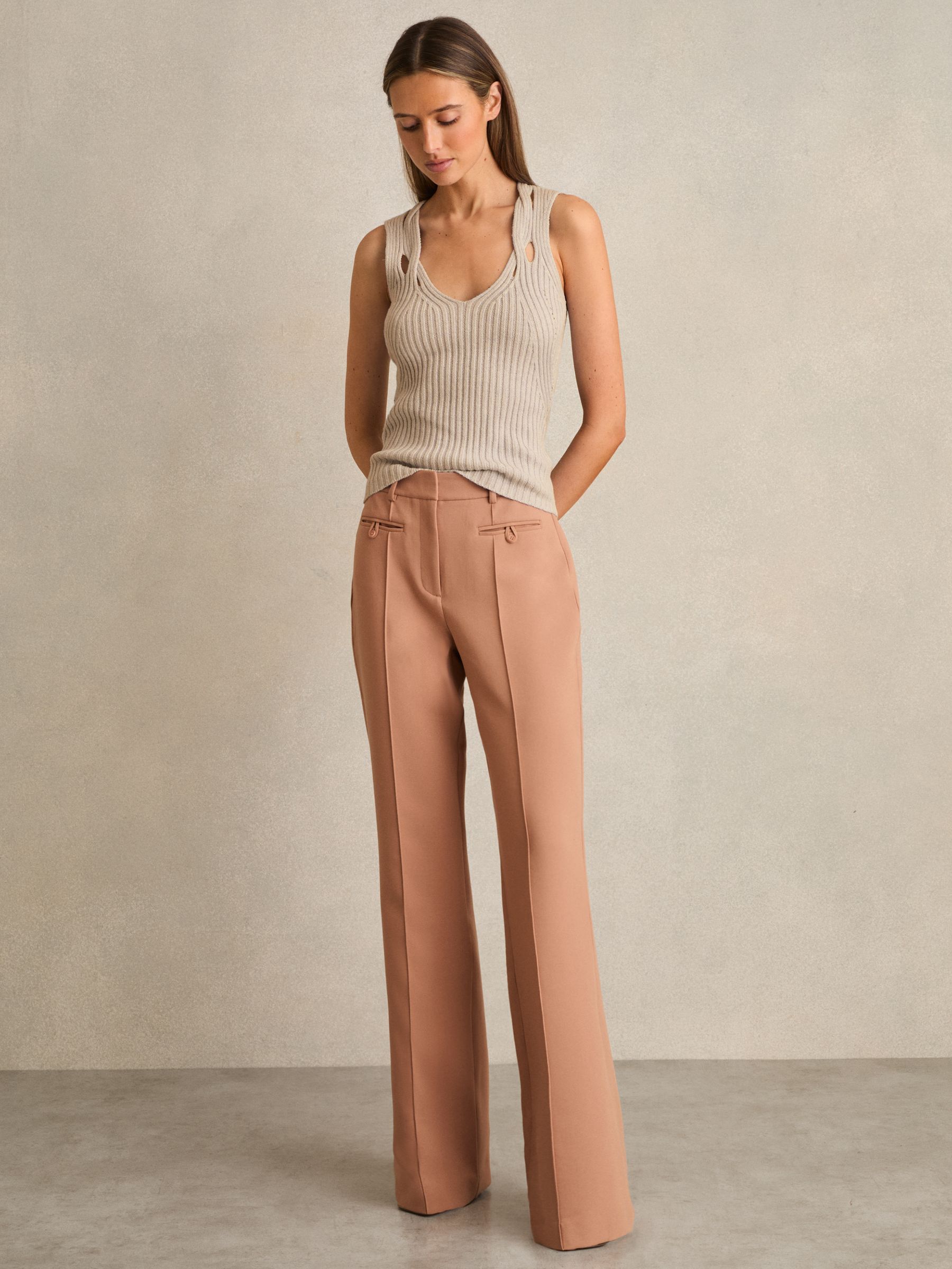 Petite Welt Pocket Flared Trousers in Tan