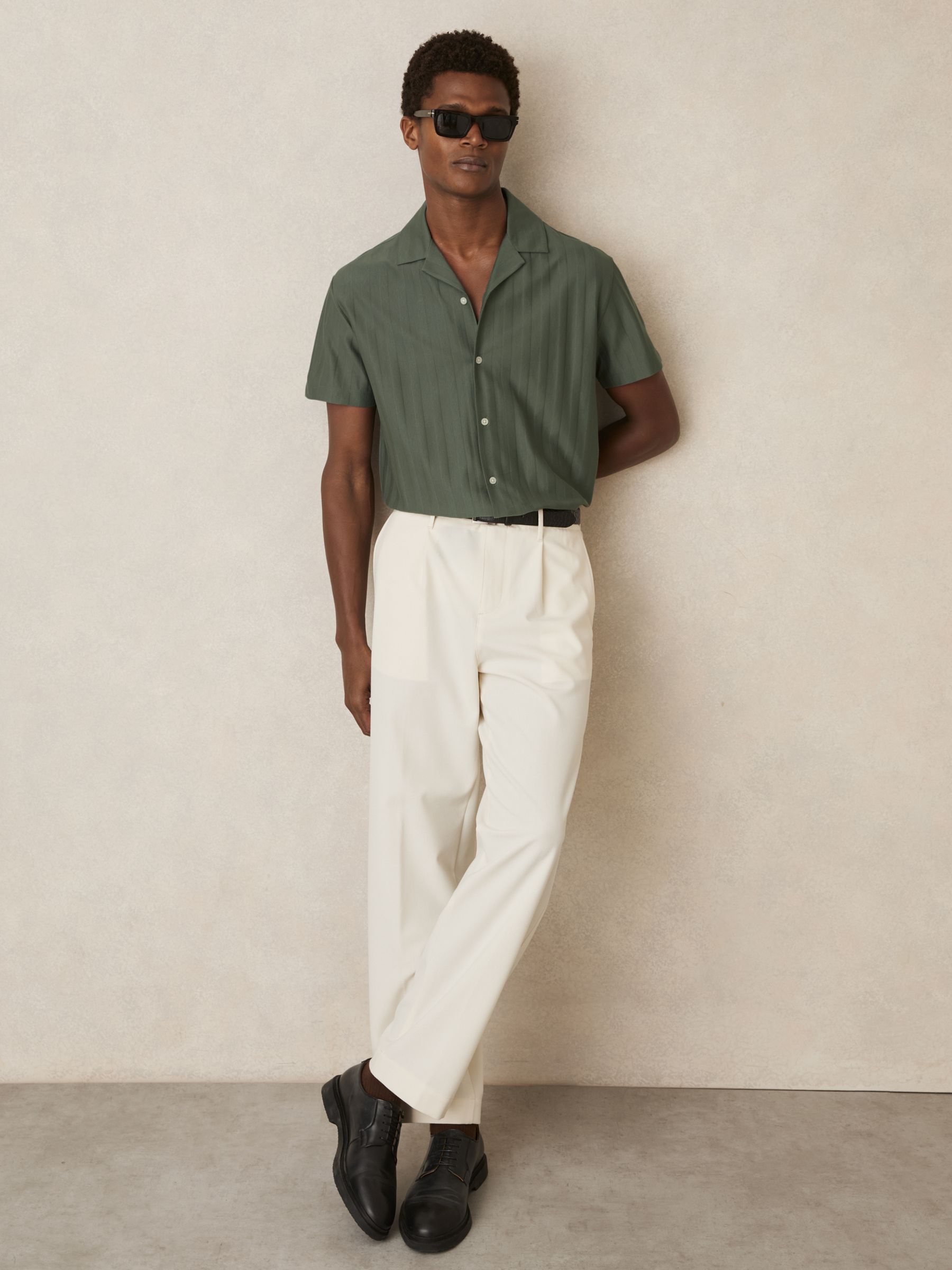 Cotton Textured Cuban-Collar Shirt in Sage