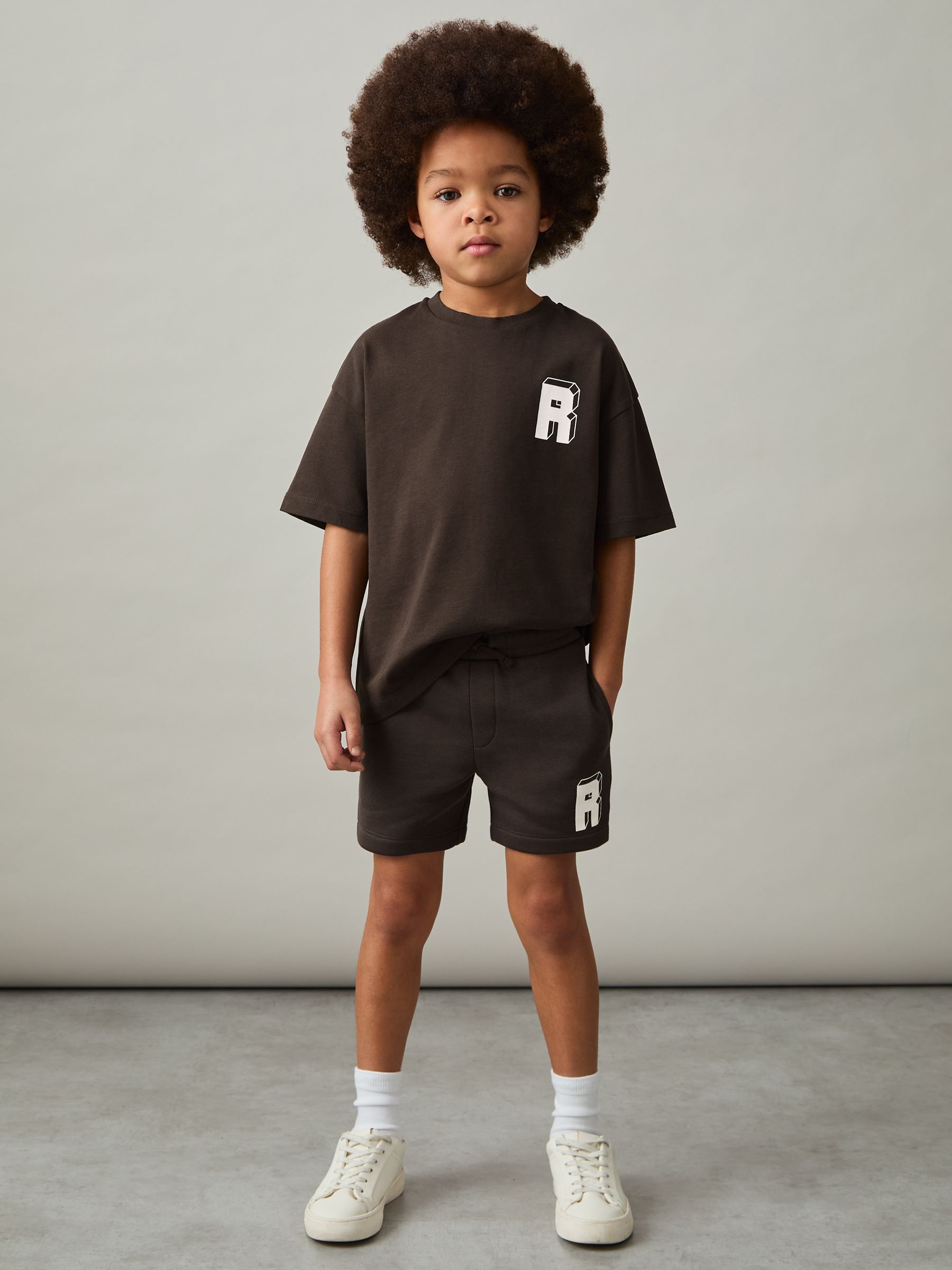 13-14 yrs Jersey Drawstring R Print Shorts in Chocolate Brown / Off White