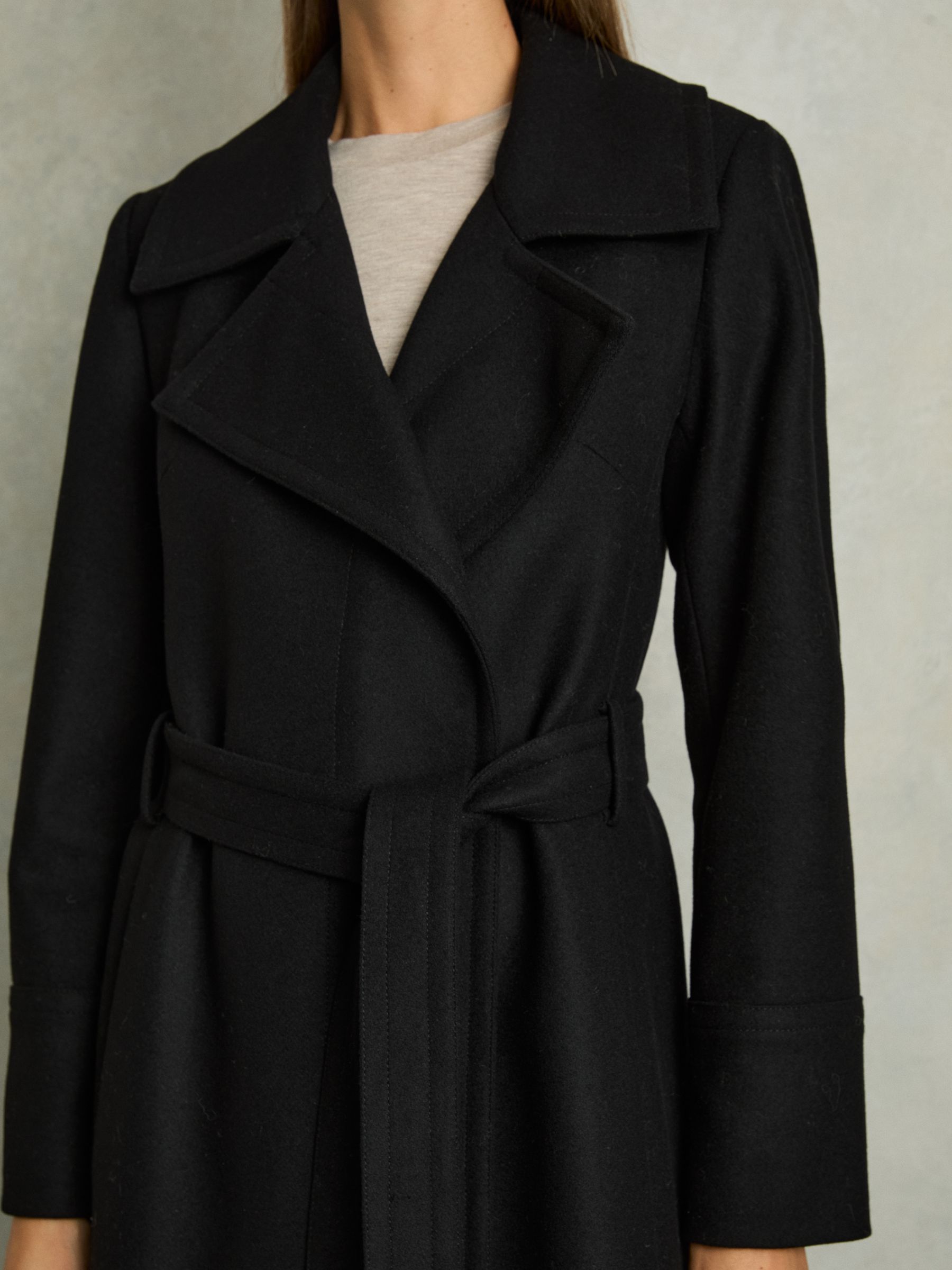 Wool Blend Belted Double Breasted Coat With Cashmere in Black