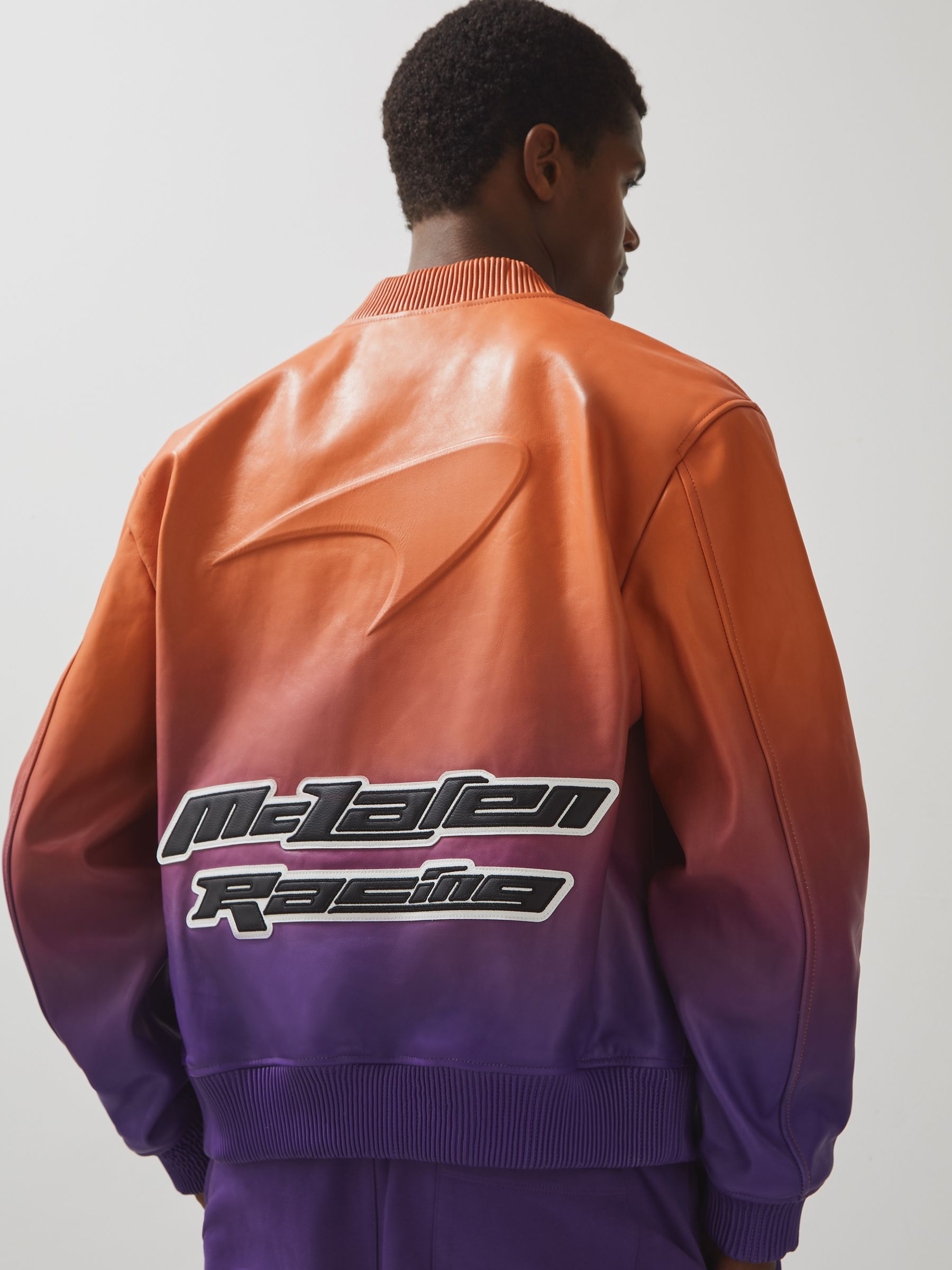McLaren F1 Team Ombré Leather Jacket in Papaya Orange/Purple