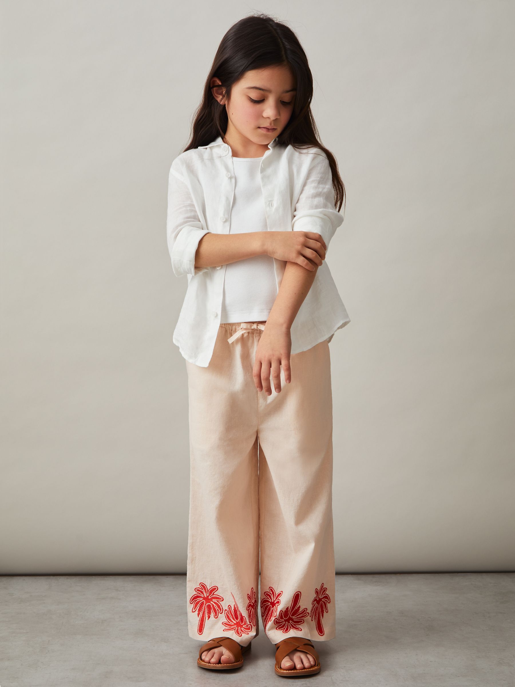 4-9 yrs Cotton-Linen Palm Embroidery Trousers in Stone