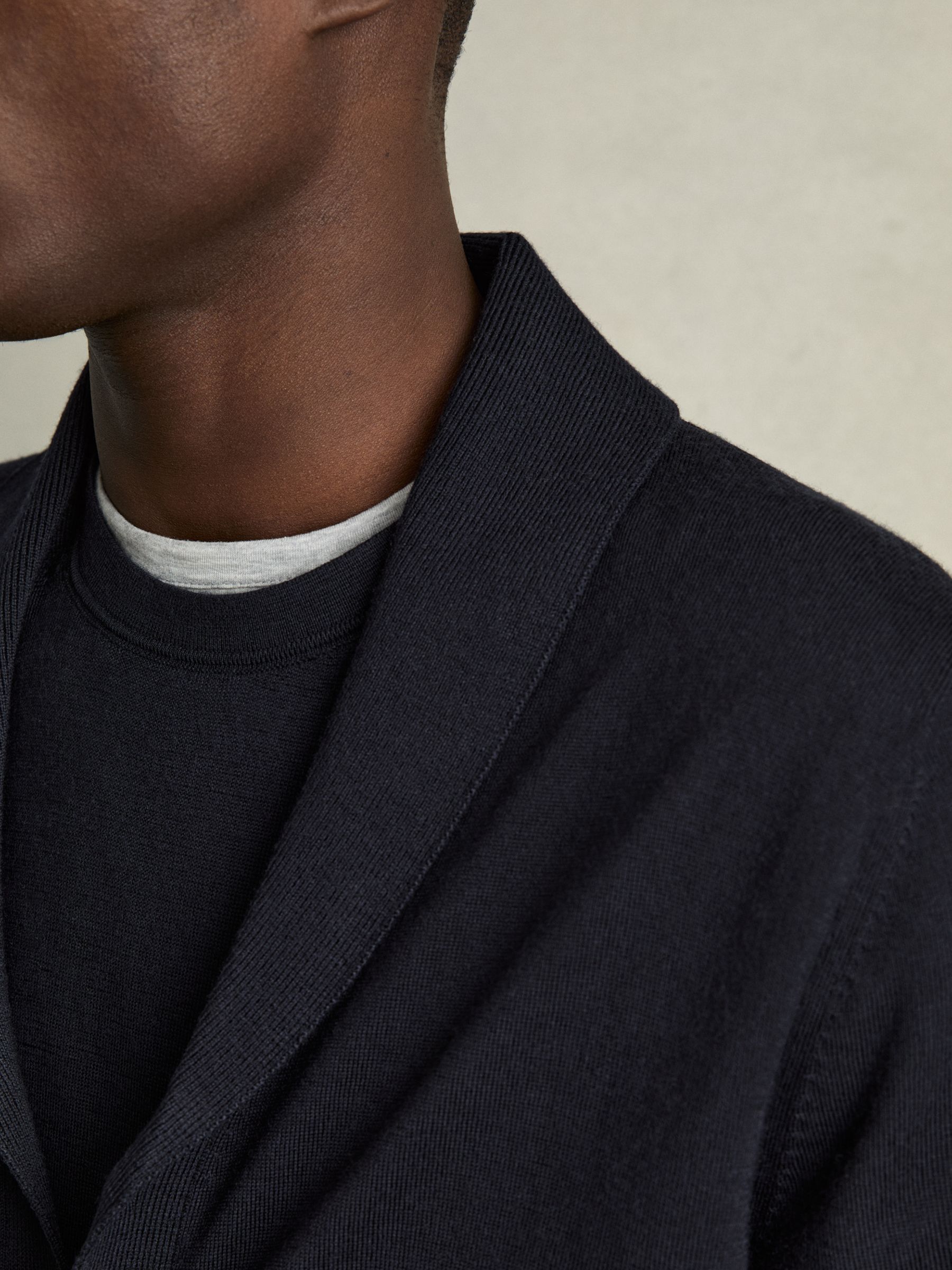 Merino Wool Shawl-Collar Cardigan in Navy