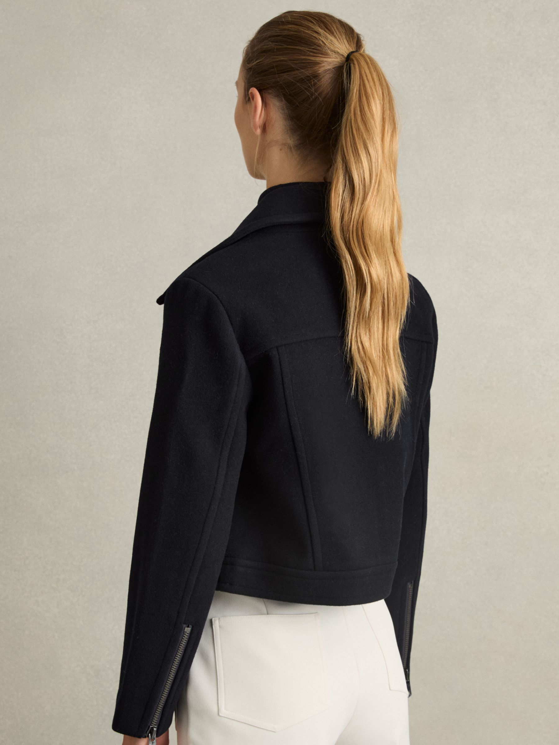 Wool-Blend Biker Jacket in Navy