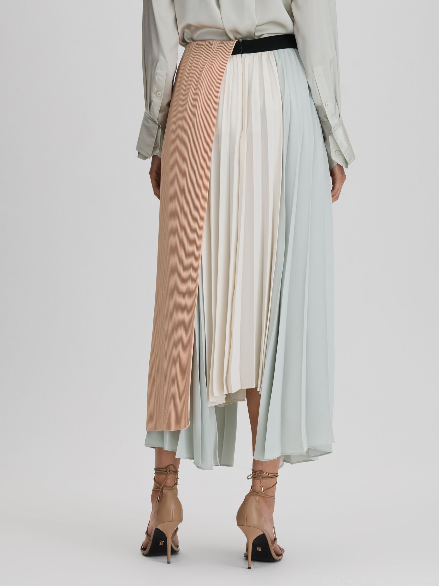 Pleated Asymmetric Midi Skirt in Pink/Cream