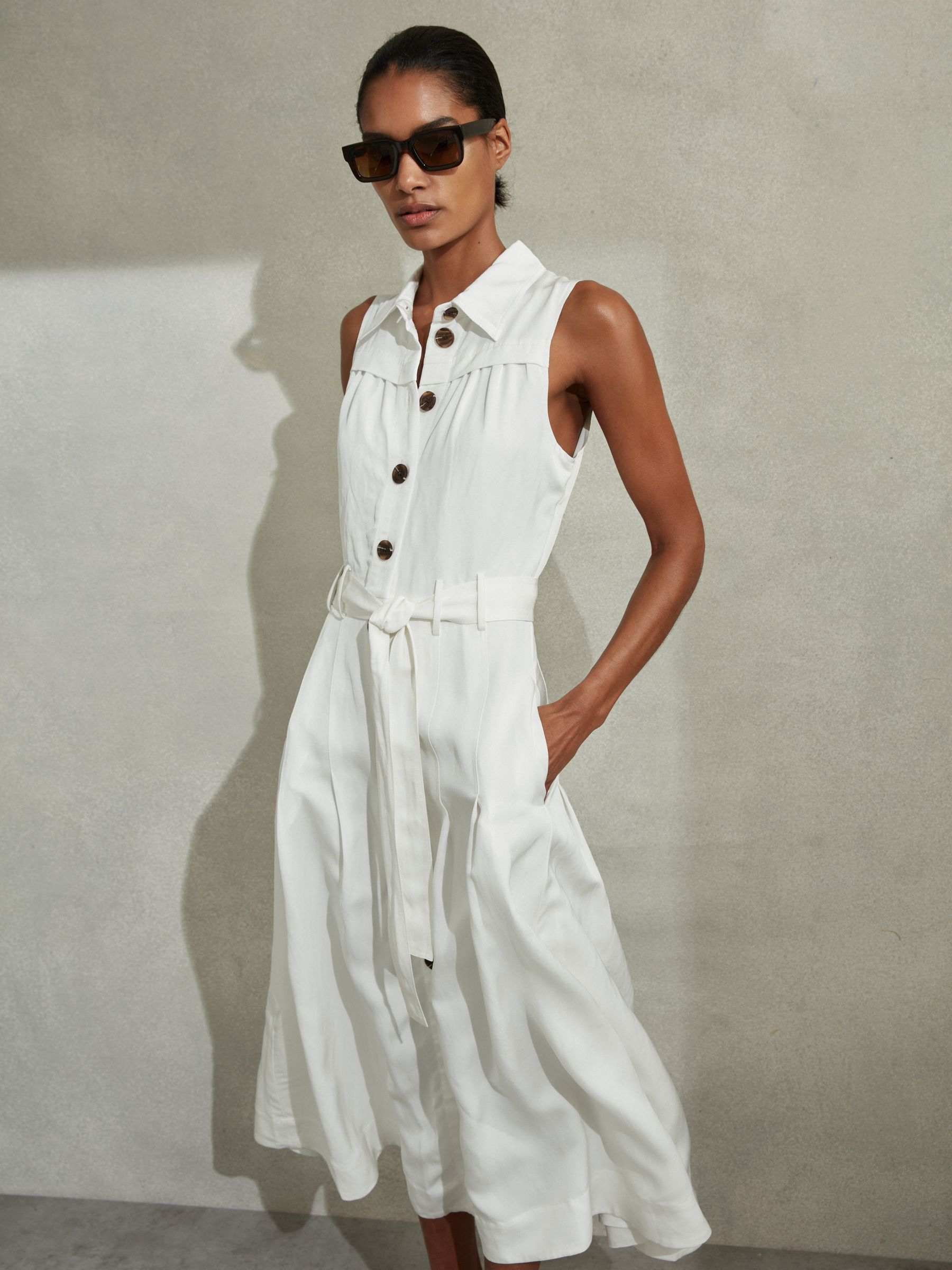 Viscose-Linen Belted Midi Dress in White