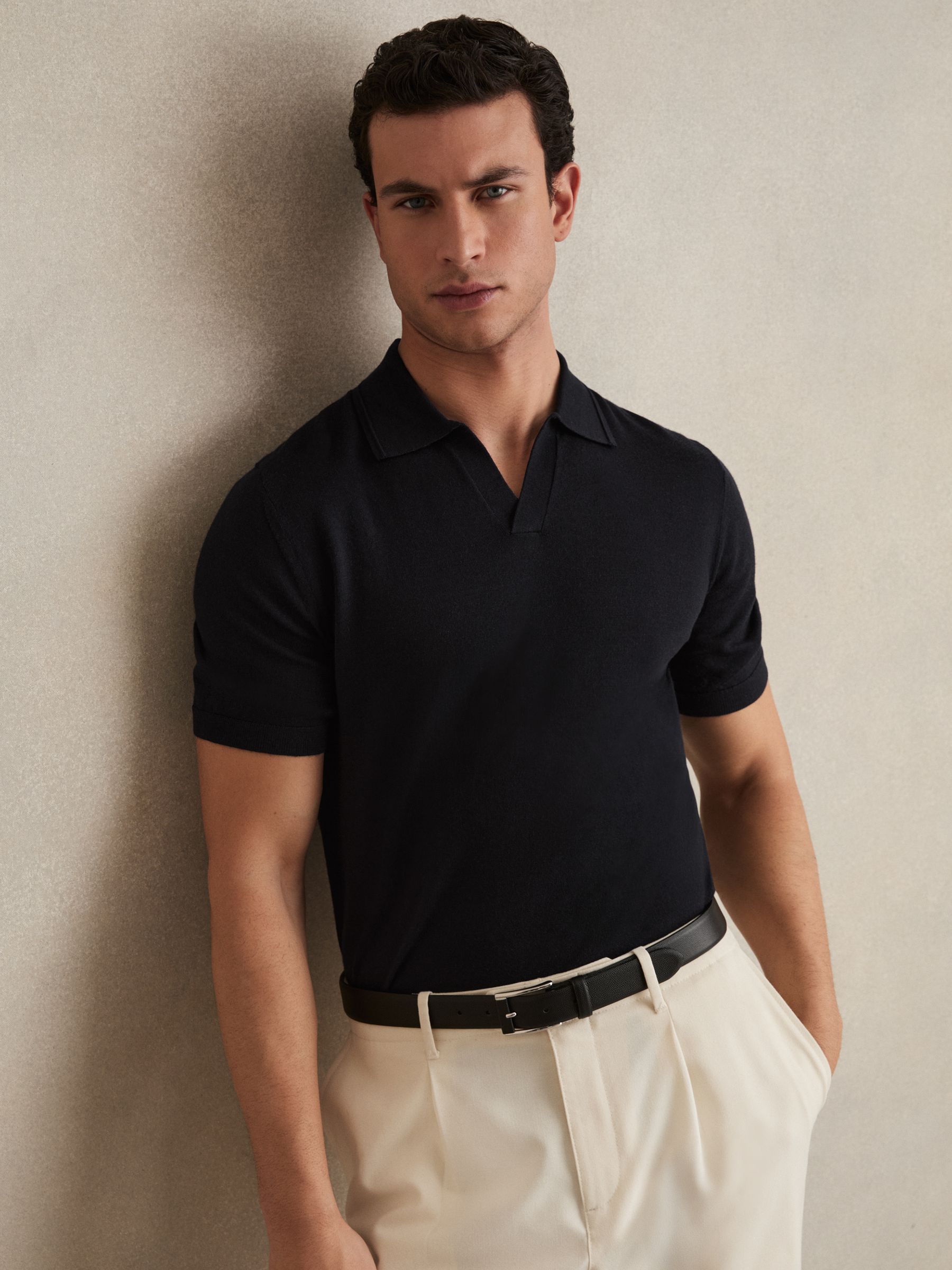 Merino Wool Open-Collar Polo Shirt in Navy