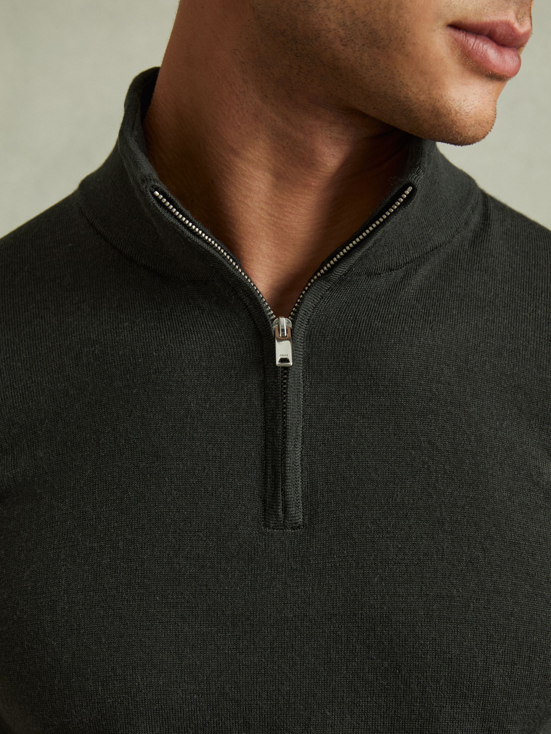 Merino Wool Half-Zip Funnel Neck Jumper in Dark Military Green