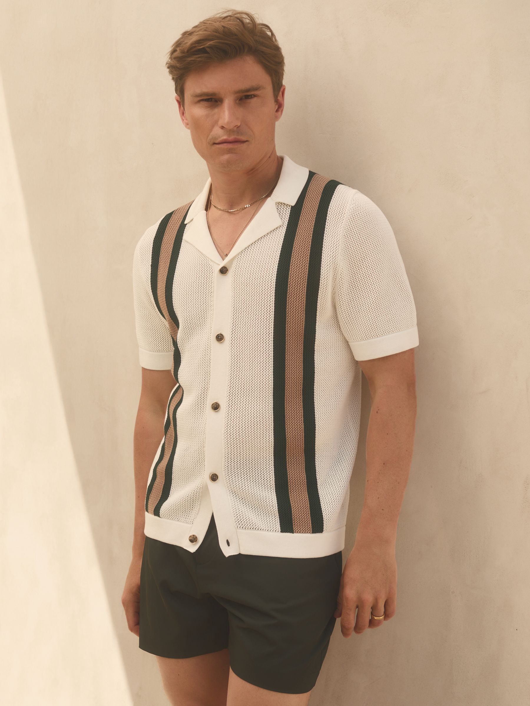 Reiss | Ché Knitted Contrast Stripe Cuban Collar Shirt in White/Dark Green