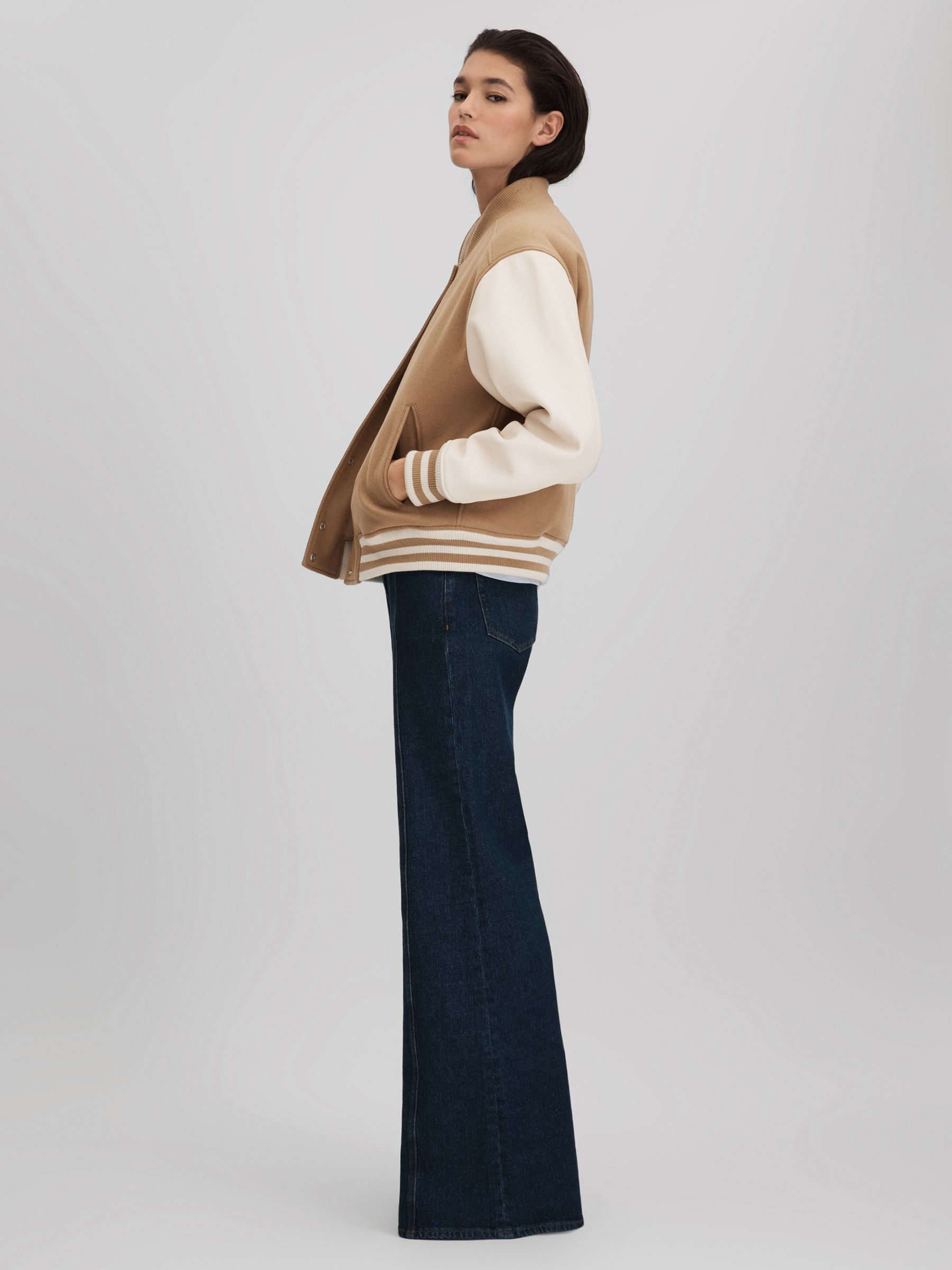 Premium Wool Blend Bomber Jacket in Camel/Cream