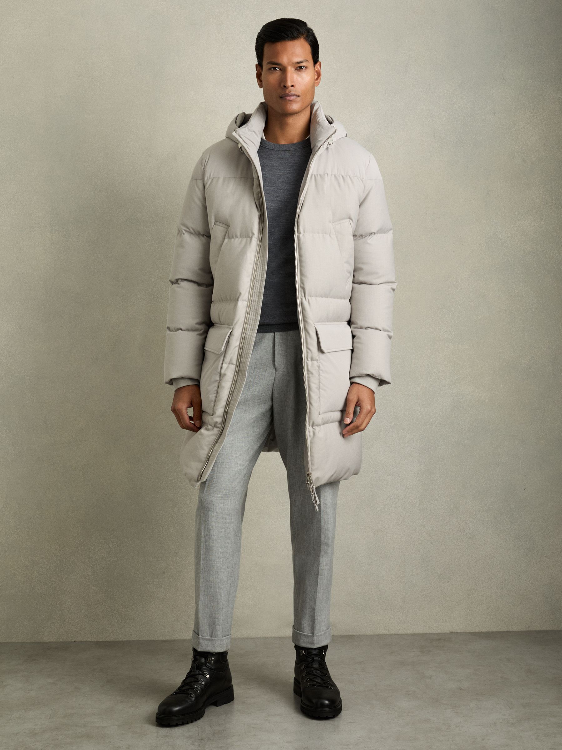 Quilted Longline Puffer Jacket in Grey