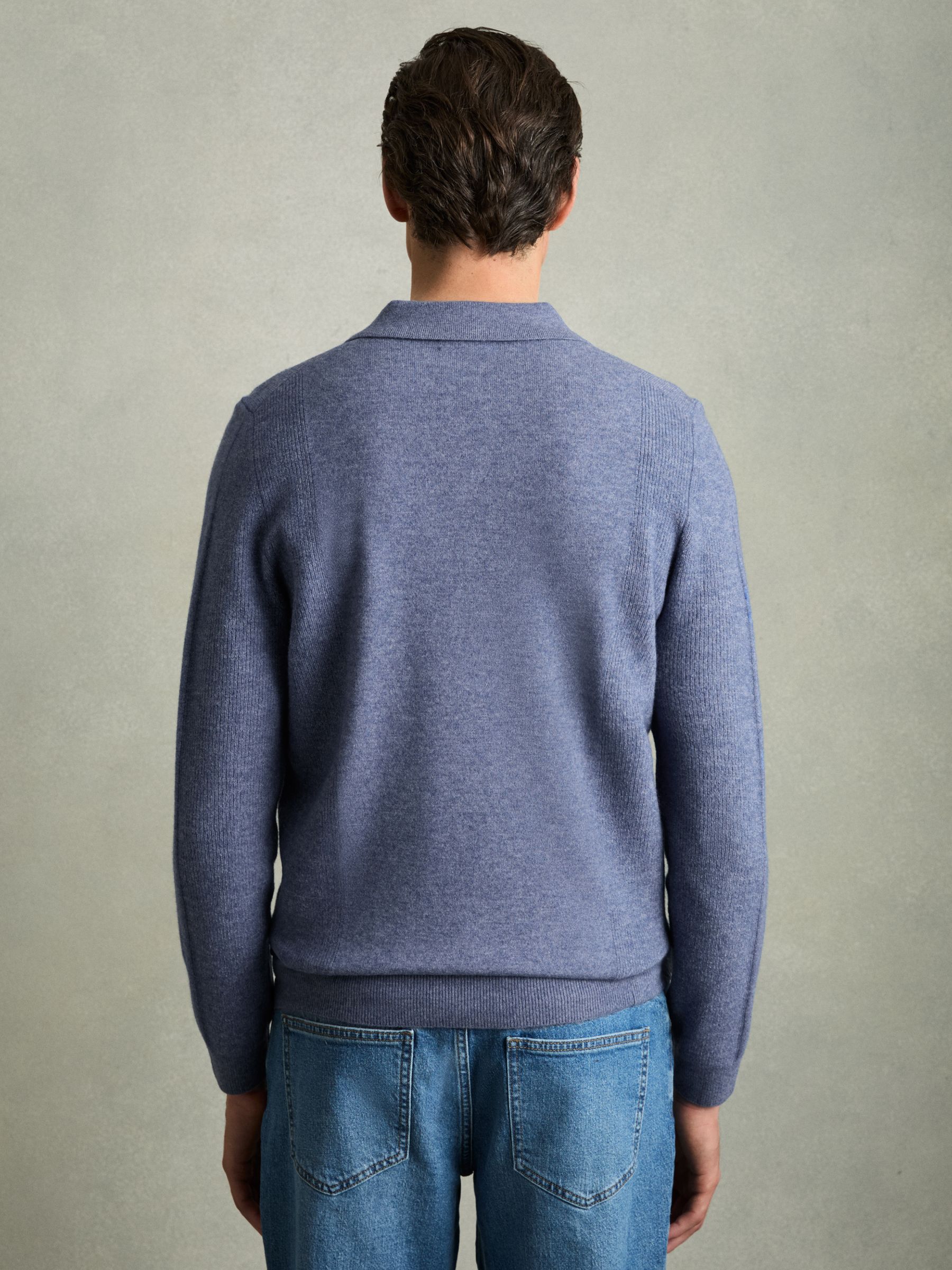 Wool Textured Long Sleeve Polo Shirt in Soft Blue