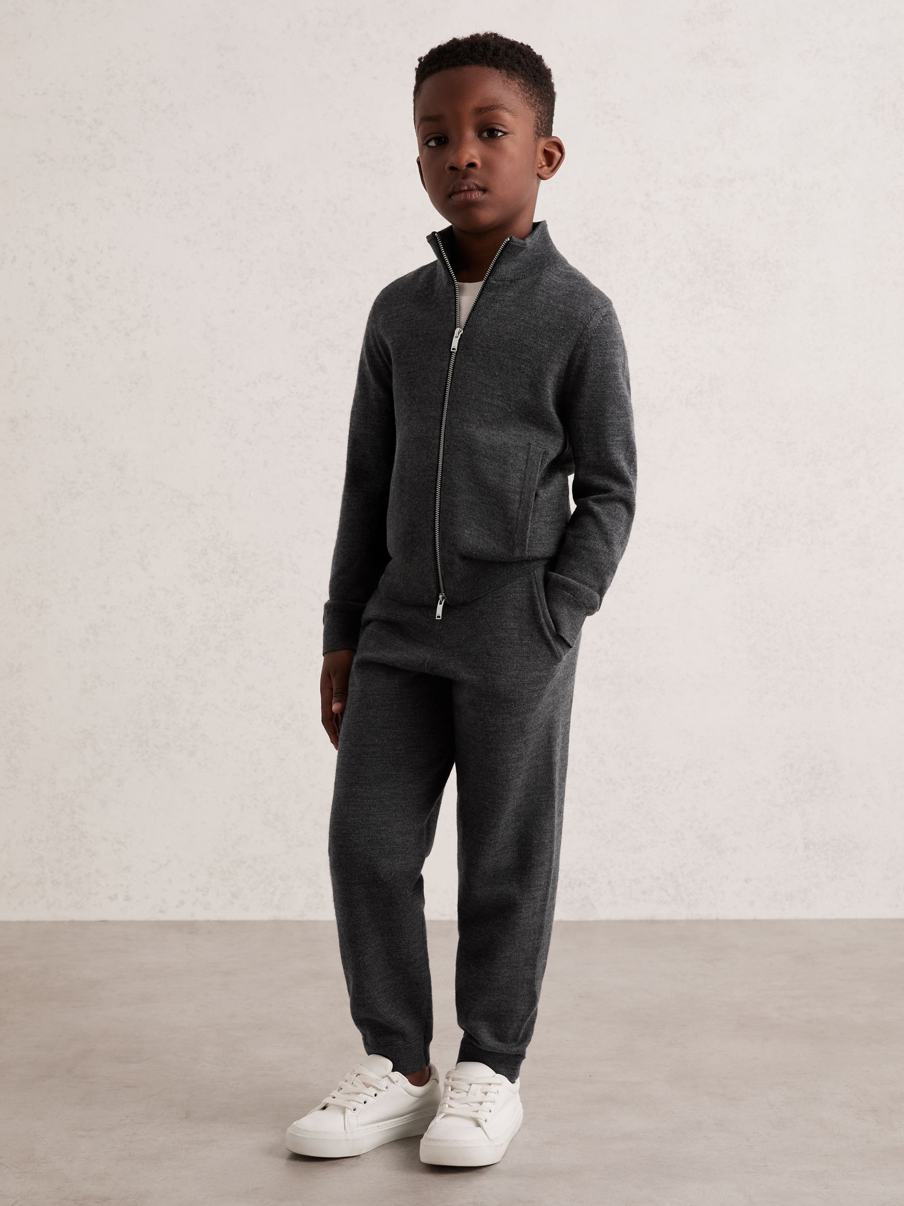 13-14 yrs Merino Wool-Blend Zip-Through Cardigan in Derby Grey Melange