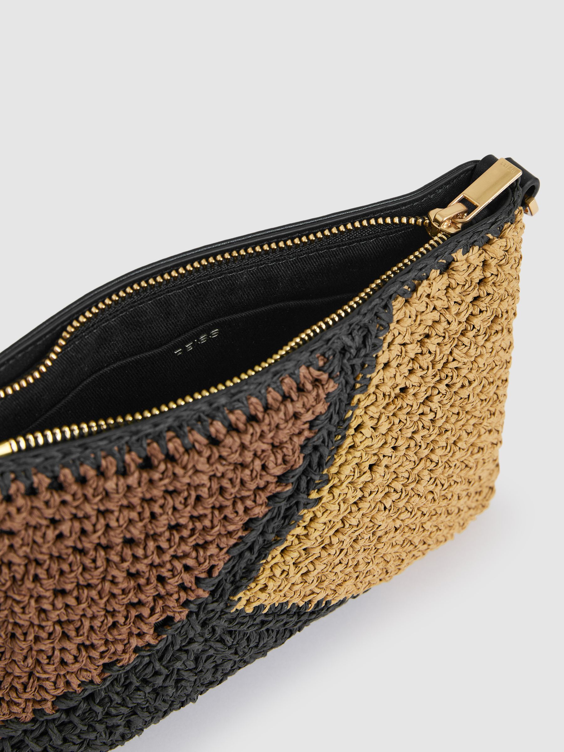 Raffia Colour-Block Crossbody Bag in Tan