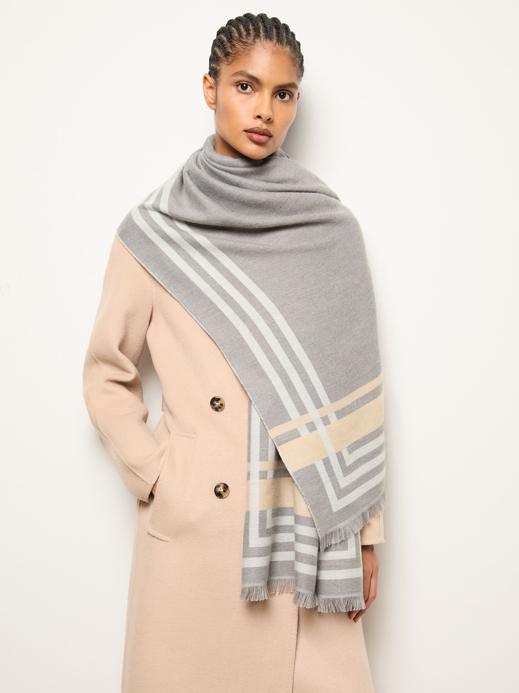 Border Stripe Fringed Scarf in Grey